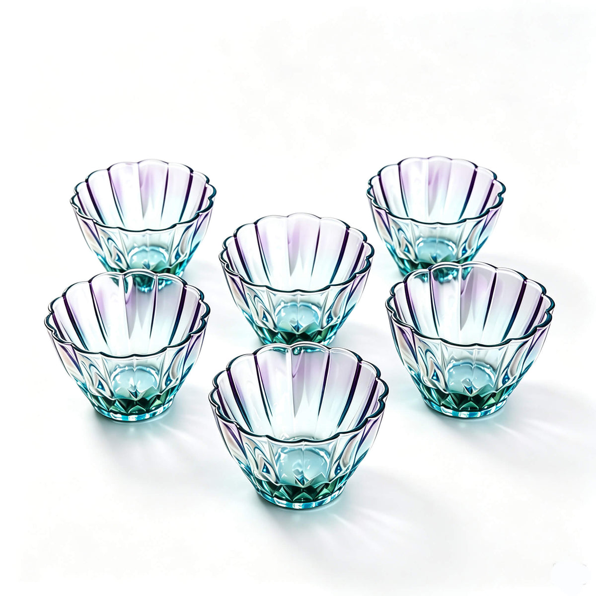Acever QH6 6-piece Little Mermaid gradient glass bowls set arranged on white surface