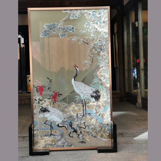 Screen Panel Room Divider with Cloisonne Enamel Handpainting Art