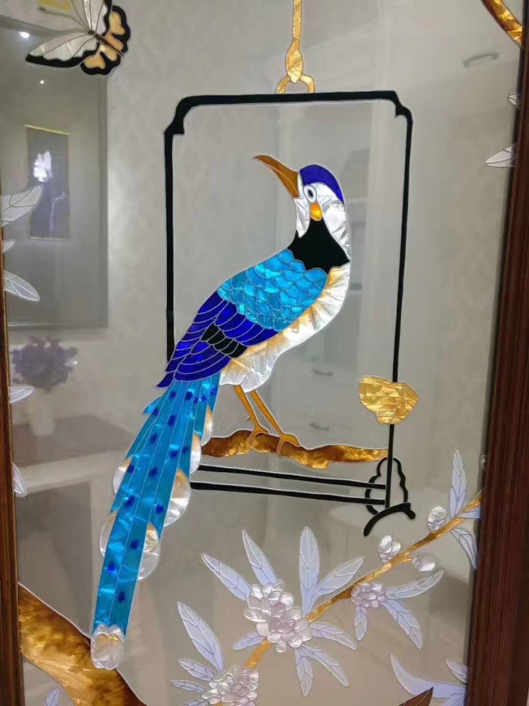 Cloisonne enamel Art Glass Interior Decor Room Divider Magpie