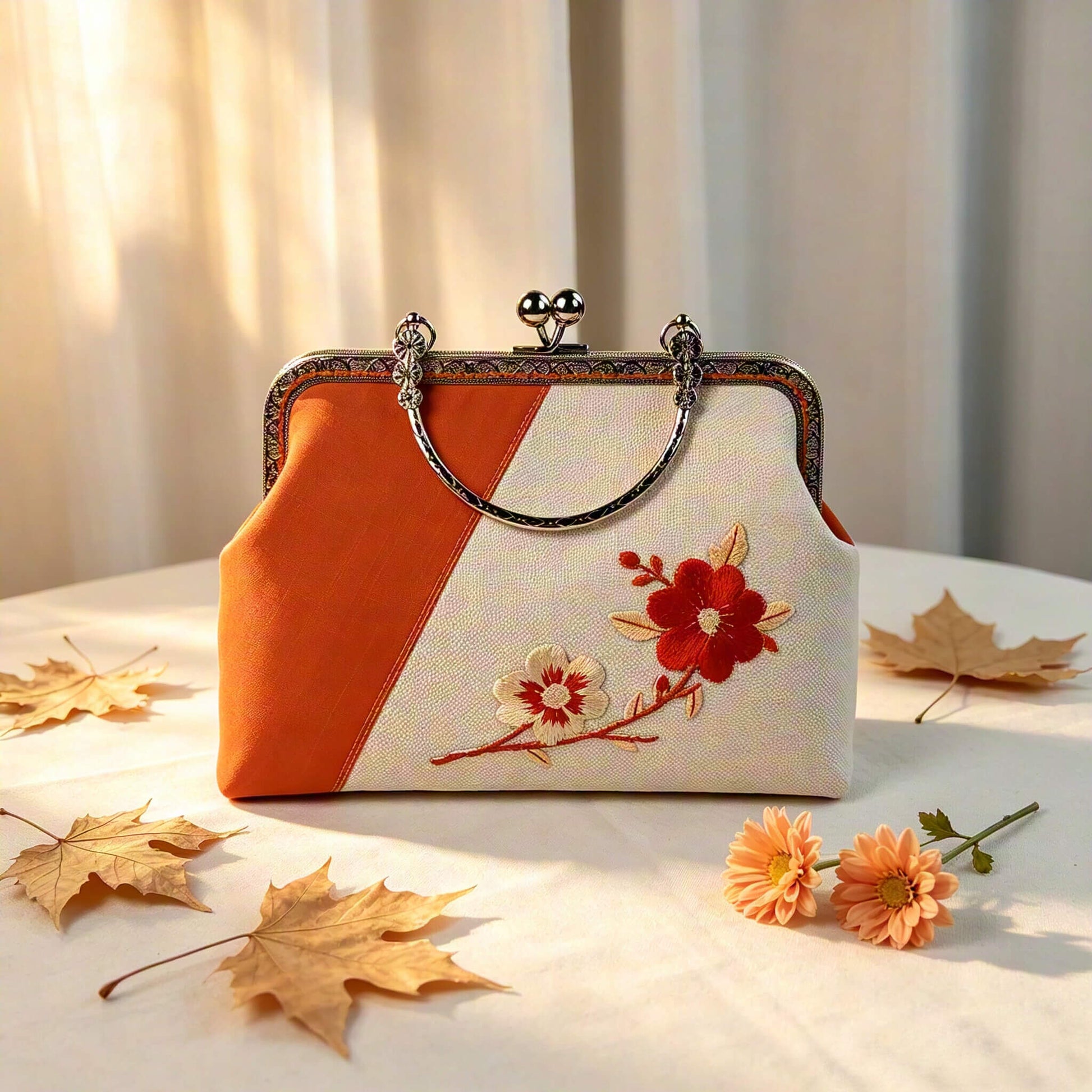 Acever A001 plum blossom clutch bag lifestyle shot on wooden tray surrounded by red dried flowers and pearl beads showing front embroidery detail