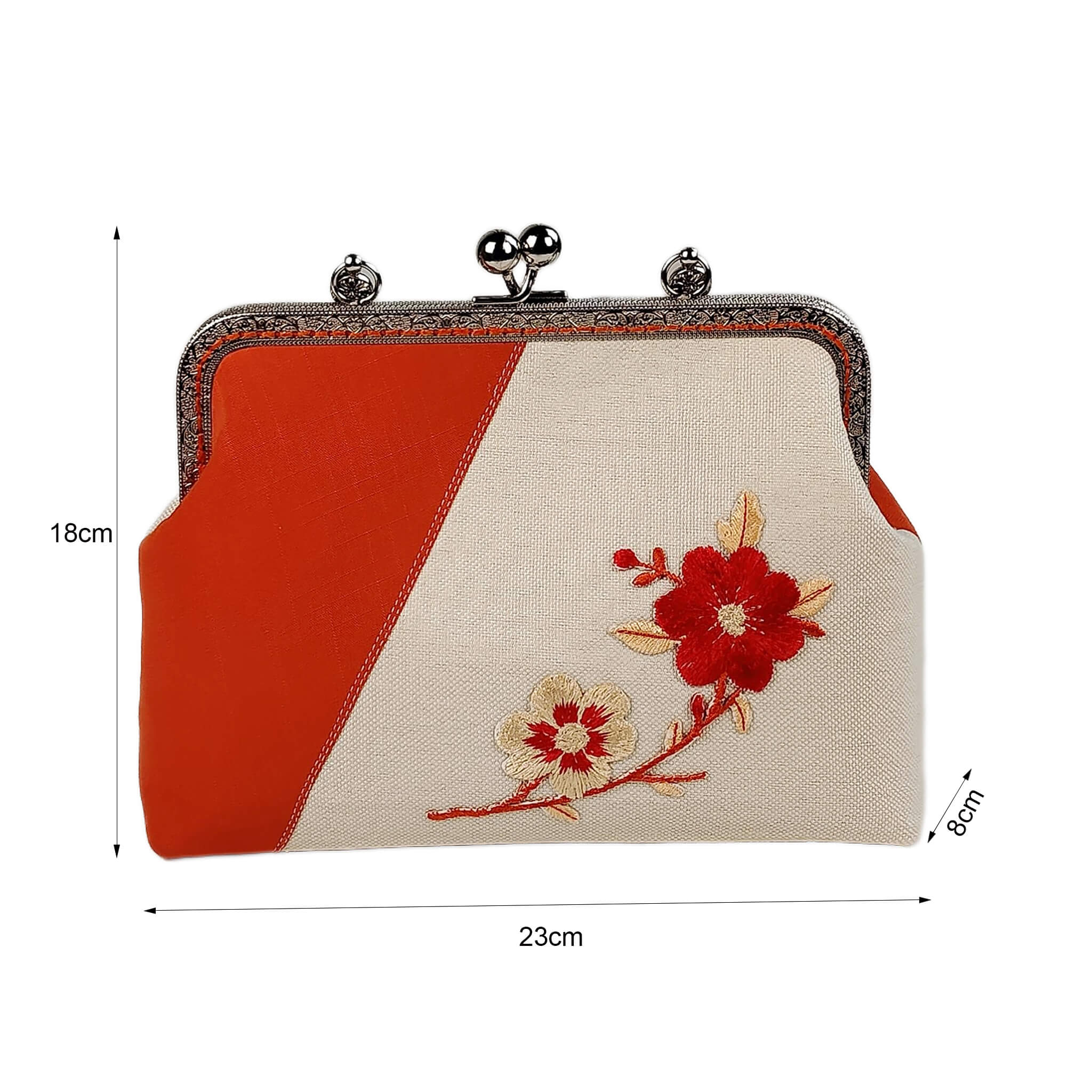 Size diagram of Acever A001 plum blossom clutch bag showing dimensions 23cm width 18cm height 8cm depth with front embroidery view