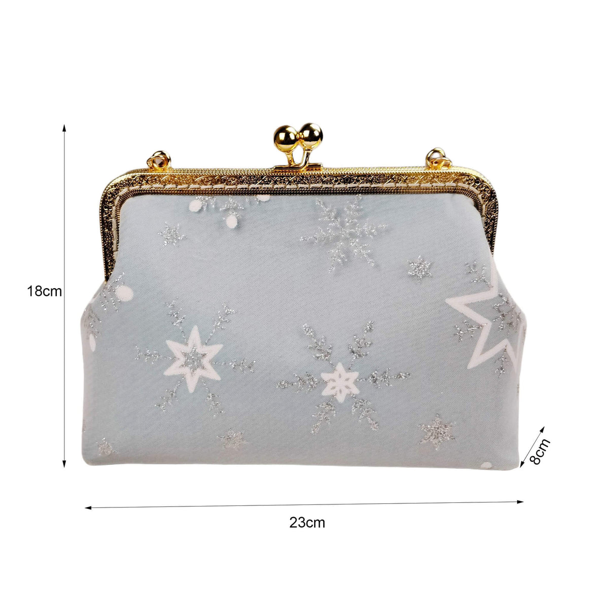 Size diagram of Acever A002 snowflake and star clutch bag showing dimensions 23cm width 18cm height 8cm depth with front embroidery view on white background