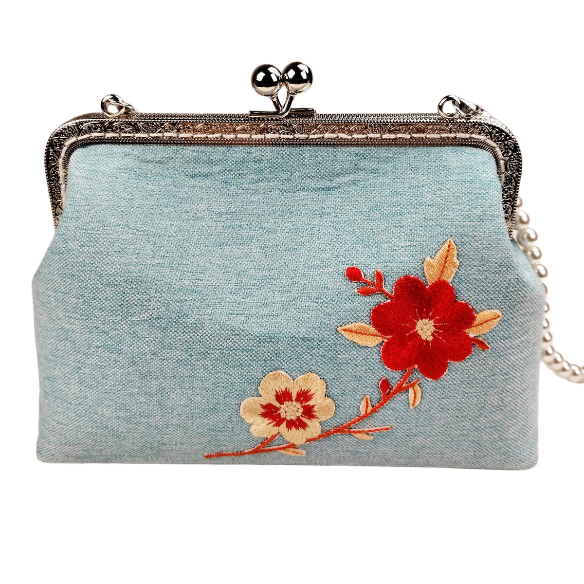 Acever A003 cherry blossom embroidered kiss-lock clutch bag main product shot showing powder blue linen-texture polyester body with red and cream floral embroidery and silver ornate filigree frame on white background