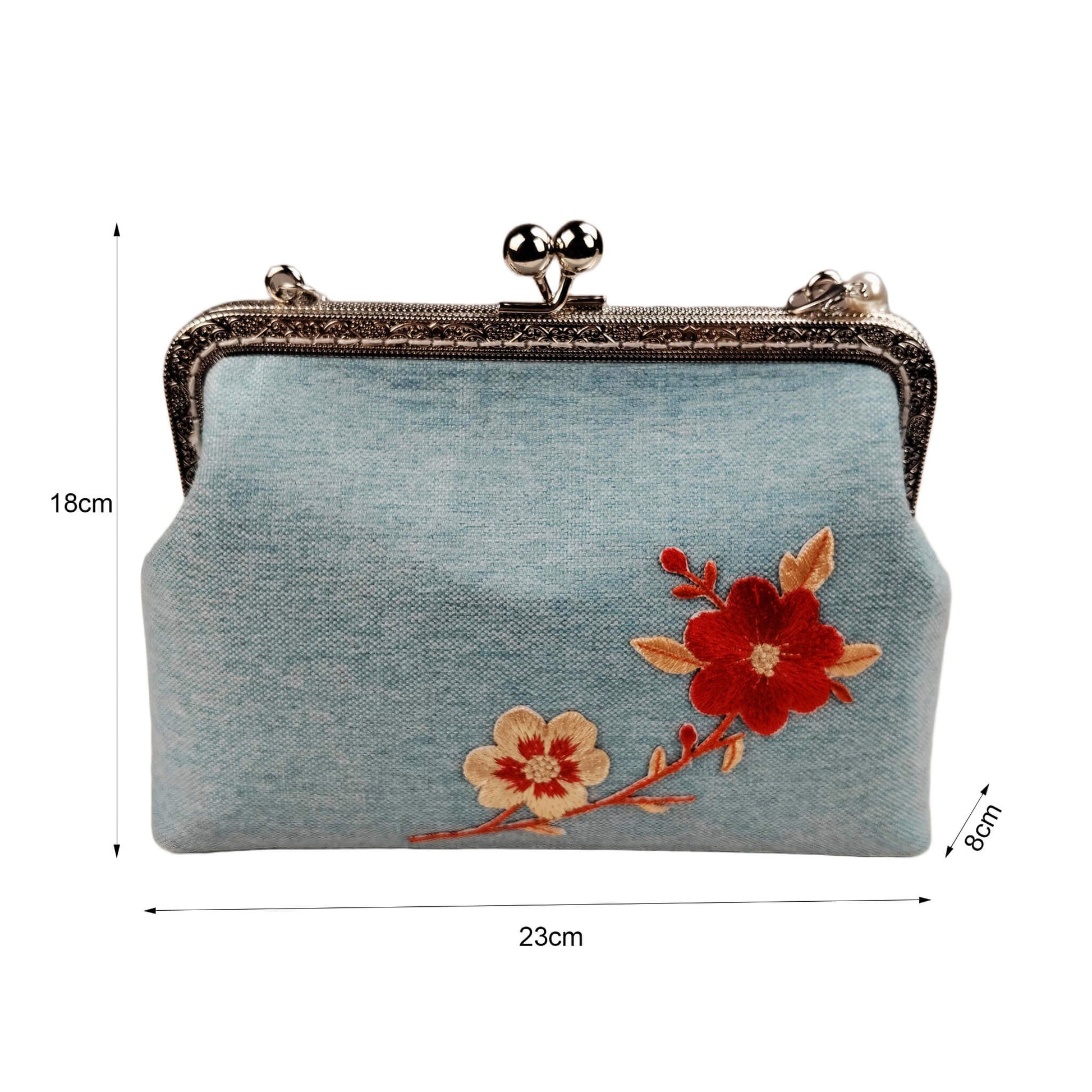 Size diagram of Acever A003 cherry blossom clutch bag showing dimensions 23cm width 18cm height 8cm depth with front embroidery view on white background