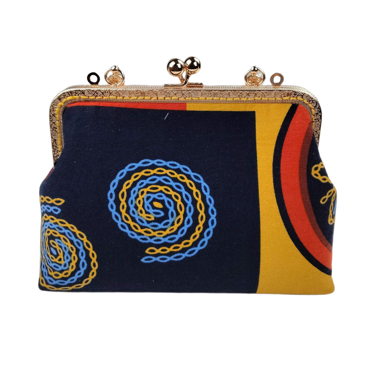 Back view of Acever A004 abstract chain clutch bag showing navy polyester body with chain-link embroidery pattern and colour-block yellow red black top panel
