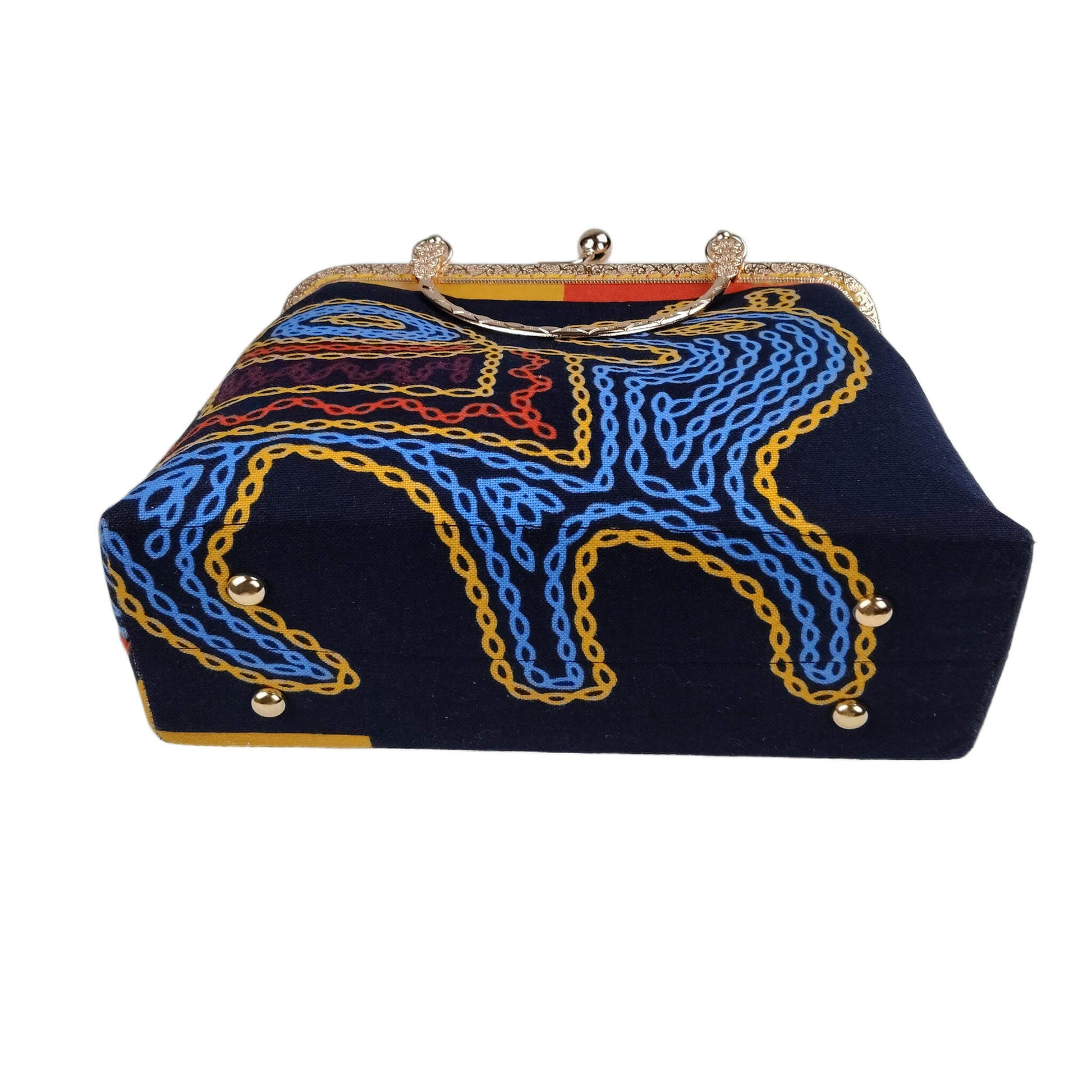 Bottom view of Acever A004 abstract chain clutch bag showing navy polyester base with chain-link embroidery detail