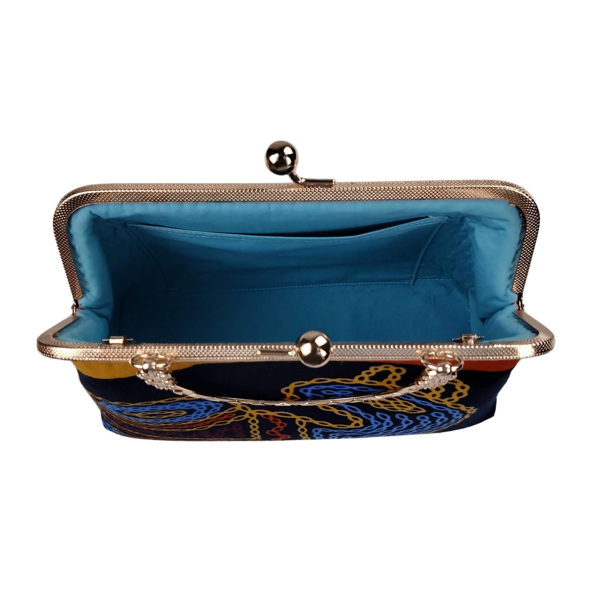 Interior view of Acever A004 abstract chain clutch bag open showing spacious fabric-lined compartment with room for phone wallet cosmetics and accessories