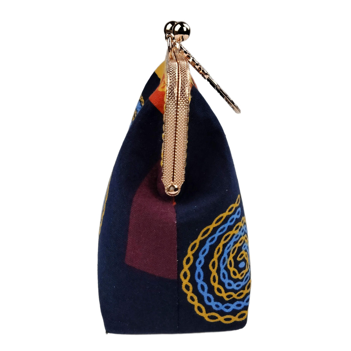 Left side view of Acever A004 abstract chain clutch bag showing gold textured zipper side detail navy gusset with chain embroidery and gold ball clasp top