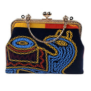 Acever A004 abstract chain embroidered kiss-lock clutch bag main product shot showing navy polyester body with yellow blue red chain-link embroidery colour-block top panel and gold ornate filigree frame on white background