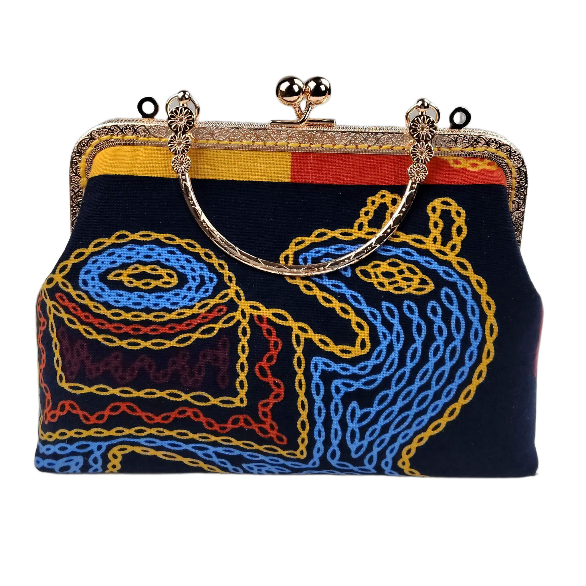 Acever A004 abstract chain embroidered kiss-lock clutch bag main product shot showing navy polyester body with yellow blue red chain-link embroidery colour-block top panel and gold ornate filigree frame on white background