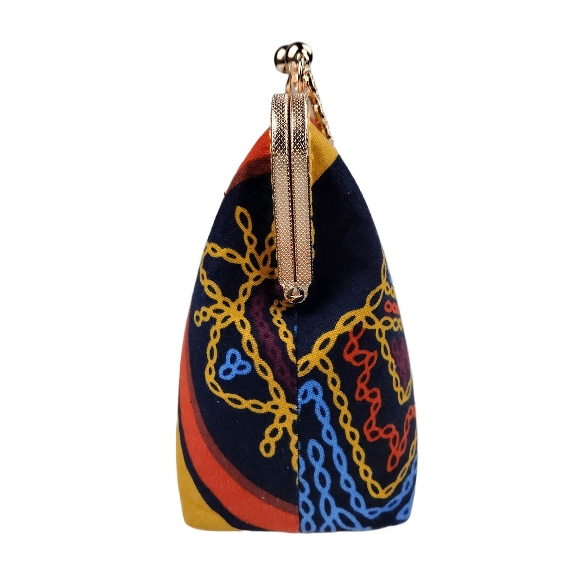Right side view of Acever A004 abstract chain clutch bag showing gold textured zipper side detail and multicolour chain-link embroidery on navy and yellow polyester gusset