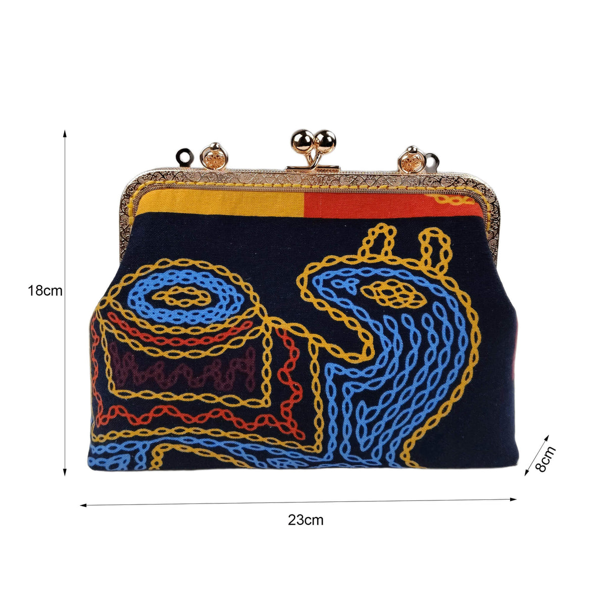 Size diagram of Acever A004 abstract chain clutch bag showing dimensions 23cm width 18cm height 8cm depth with front embroidery view on white background