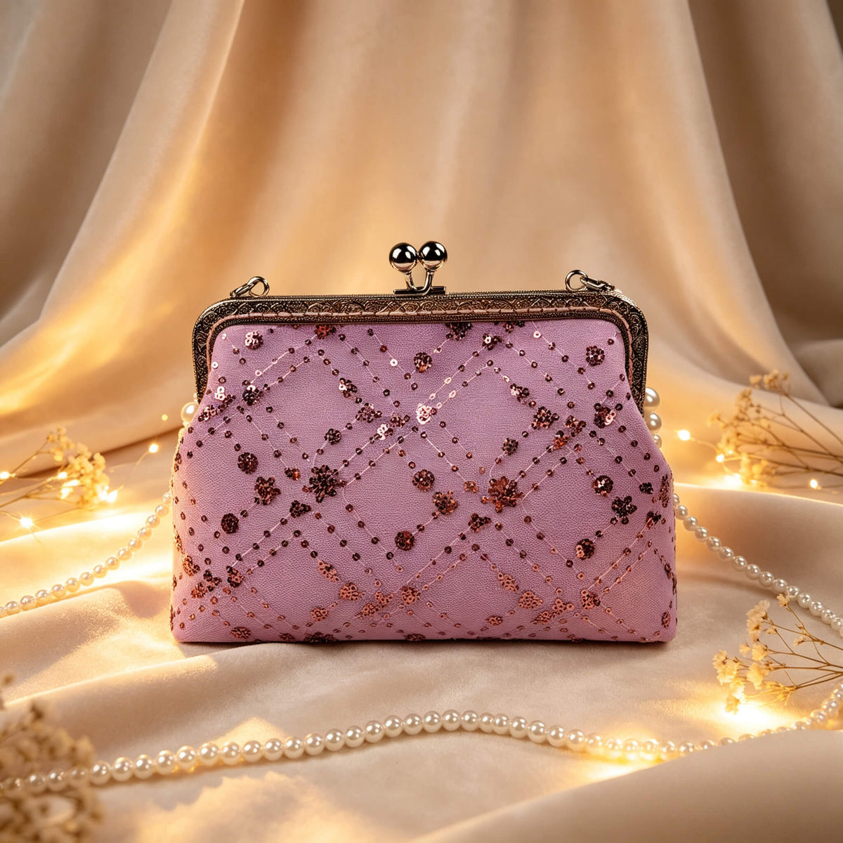 Acever A005 sequin floral clutch bag lifestyle shot on cream silk fabric surrounded by fairy lights and pearl bead strap showing full front view with gunmetal kiss-lock frame and sparkling sequin quilted body