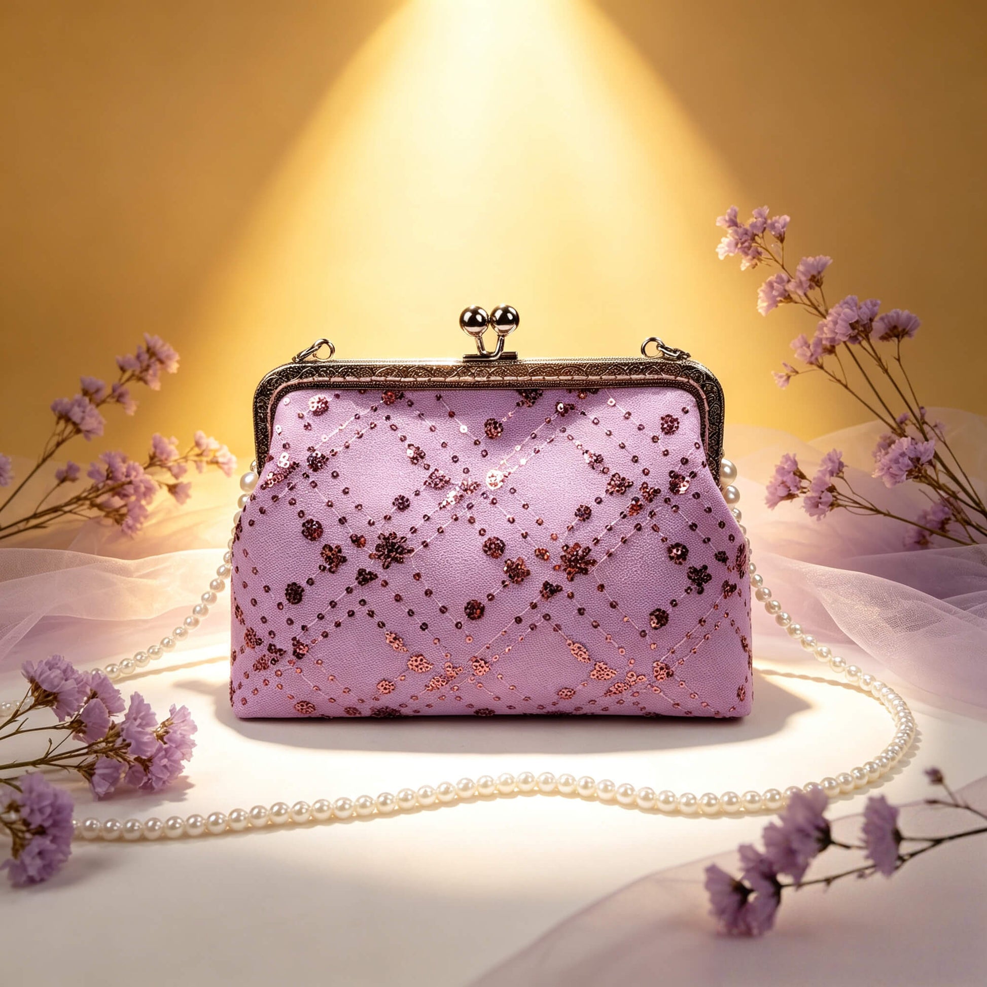 Acever A005 sequin floral clutch bag lifestyle shot on white surface under warm spotlight surrounded by lavender dried flowers and pearl bead strap showing full front view with gunmetal kiss-lock frame