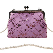 Acever A005 sequin floral quilted kiss-lock clutch bag main product shot showing lavender polyester body with rose gold sequin flower clusters diamond quilting and gunmetal ornate filigree frame on white background with pearl bead strap