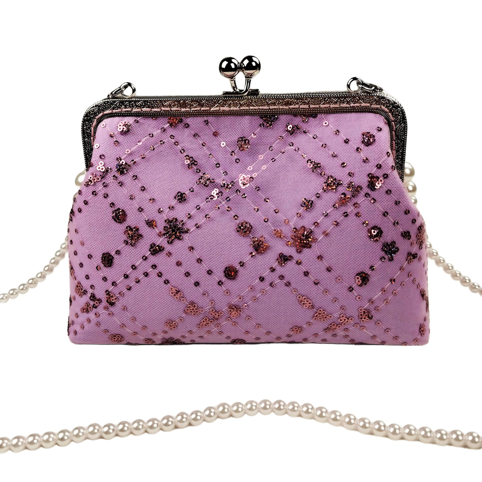 Acever A005 sequin floral quilted kiss-lock clutch bag main product shot showing lavender polyester body with rose gold sequin flower clusters diamond quilting and gunmetal ornate filigree frame on white background with pearl bead strap
