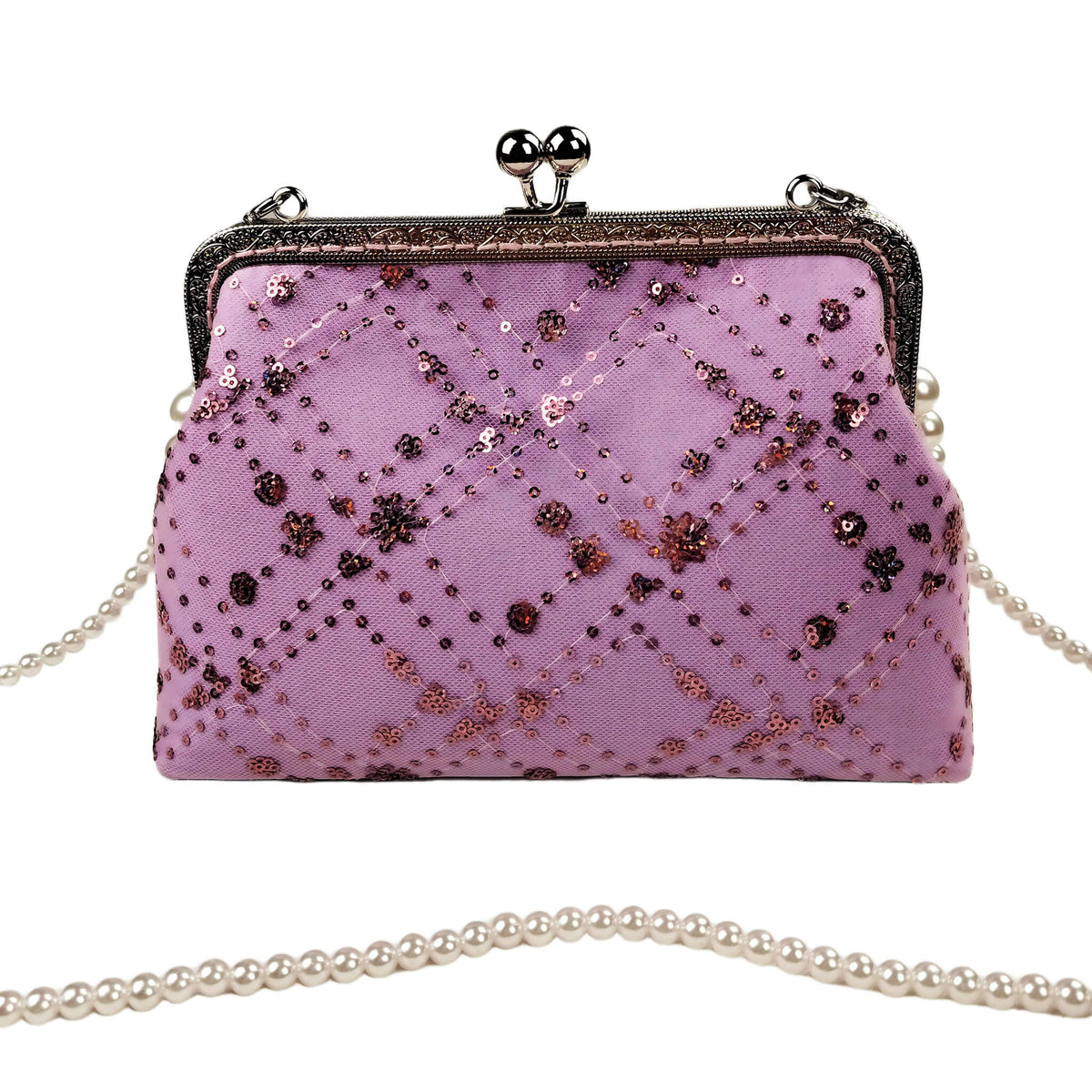 Acever A005 sequin floral quilted kiss-lock clutch bag main product shot showing lavender polyester body with rose gold sequin flower clusters diamond quilting and gunmetal ornate filigree frame on white background with pearl bead strap