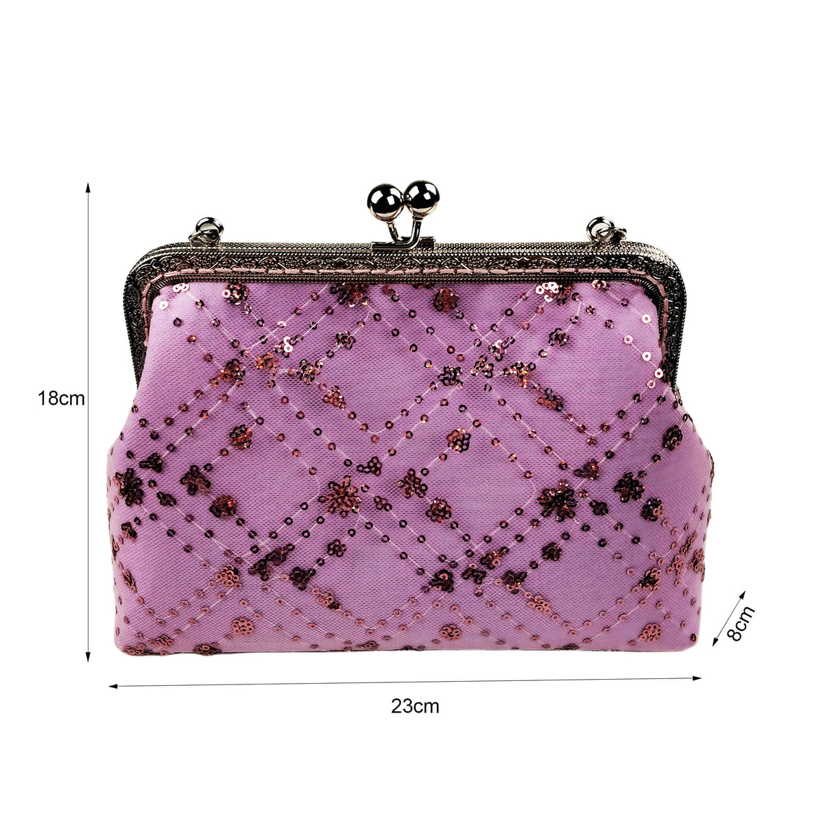 Size diagram of Acever A005 sequin floral quilted clutch bag showing dimensions 23cm width 18cm height 8cm depth with front sequin quilted view on white background