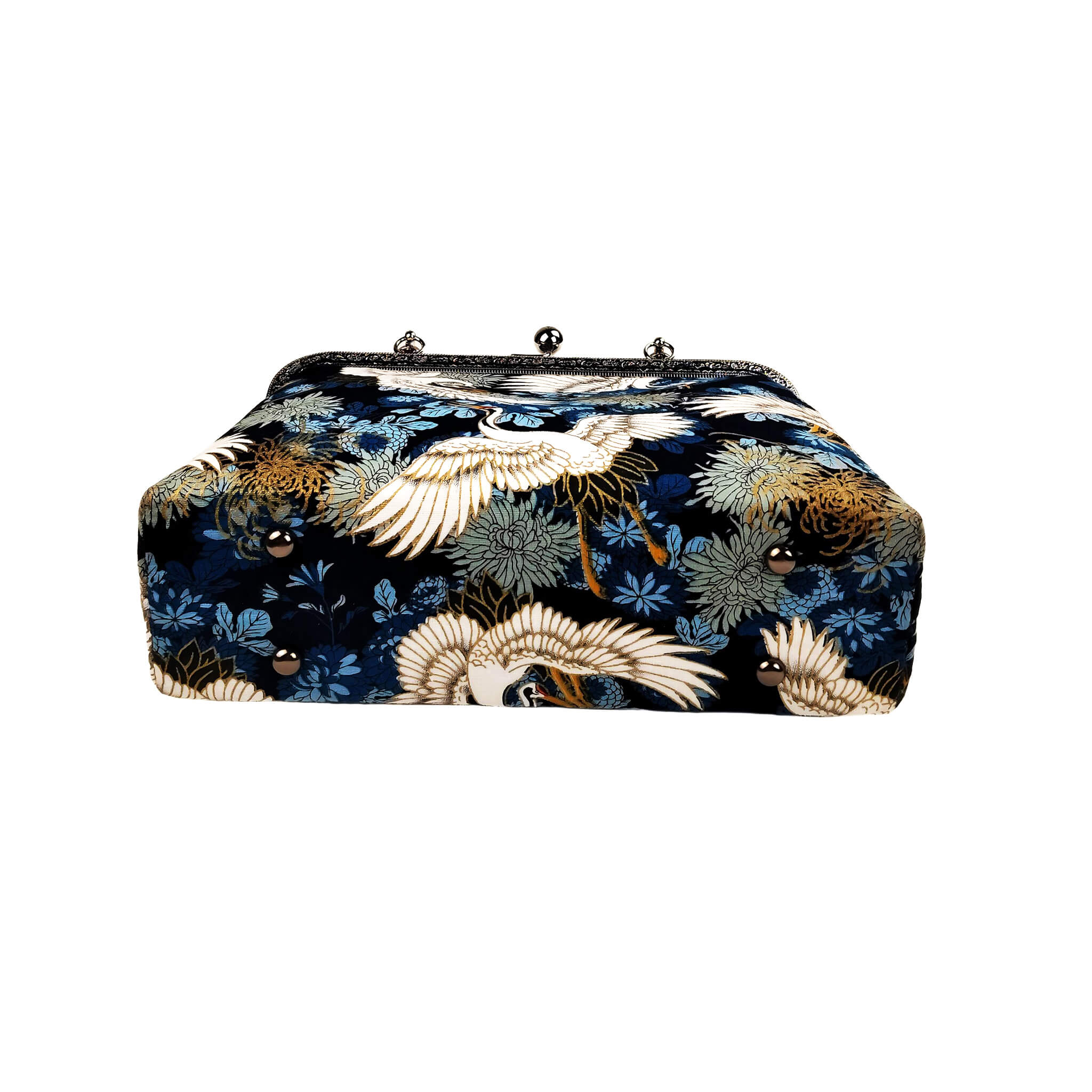 Bottom view of Acever A006 crane print top handle bag showing midnight navy polyester base with crane and chrysanthemum all-over print