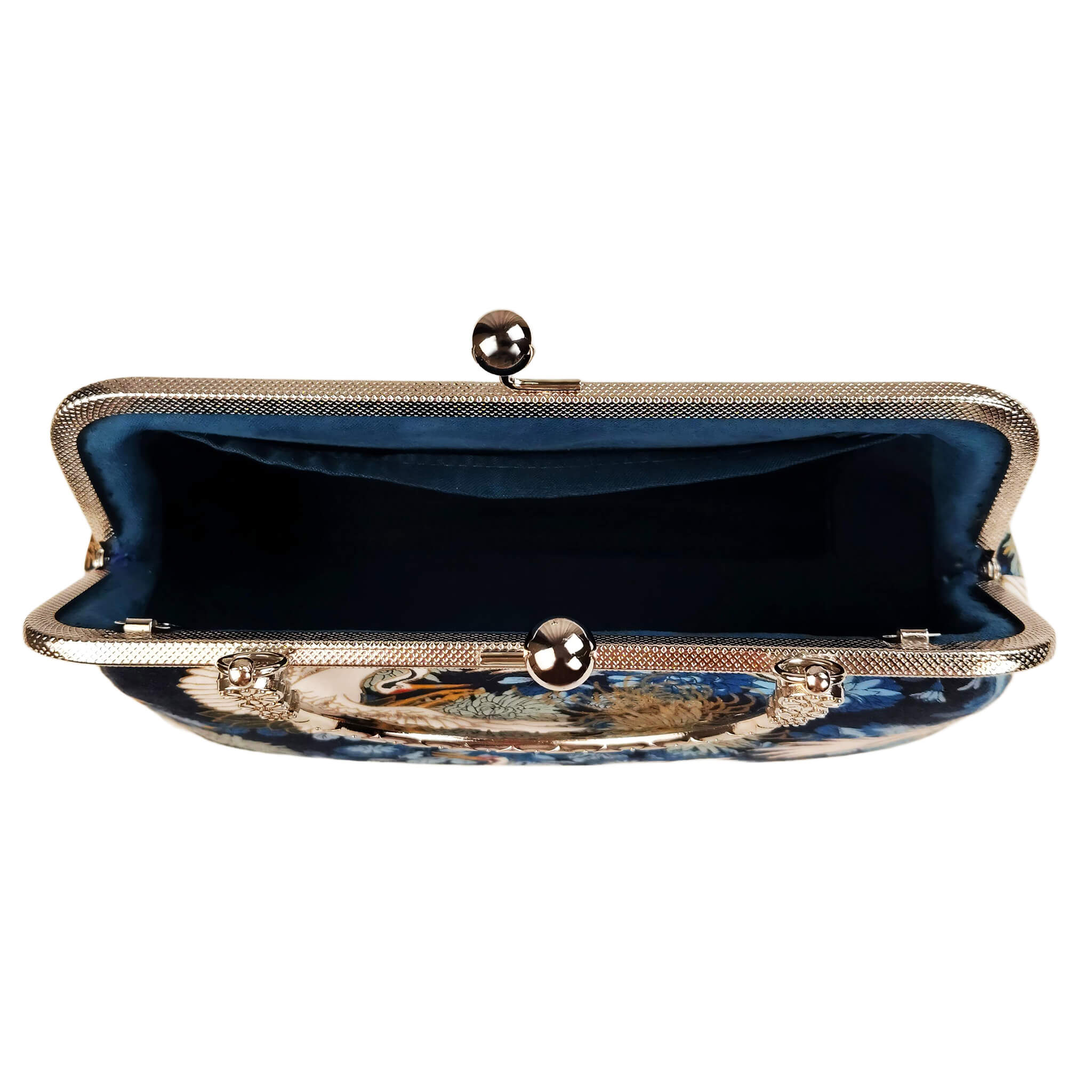 Interior view of Acever A006 crane print top handle bag open showing spacious fabric-lined compartment with room for phone wallet cosmetics and accessories