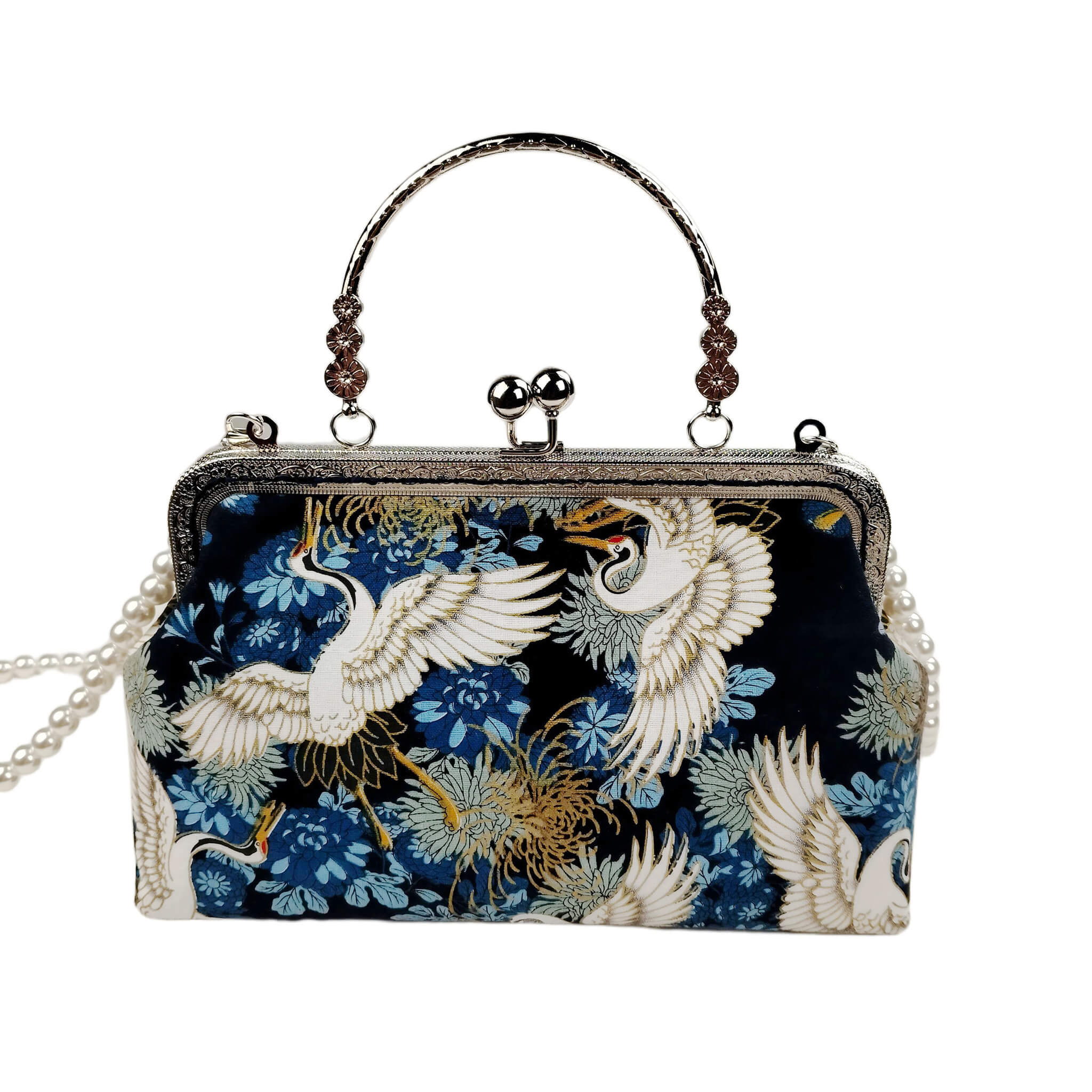 Acever A006 crane and chrysanthemum print kiss-lock top handle bag main product shot showing midnight navy polyester body with white cranes gold chrysanthemums blue peonies and silver ornate filigree frame on white background