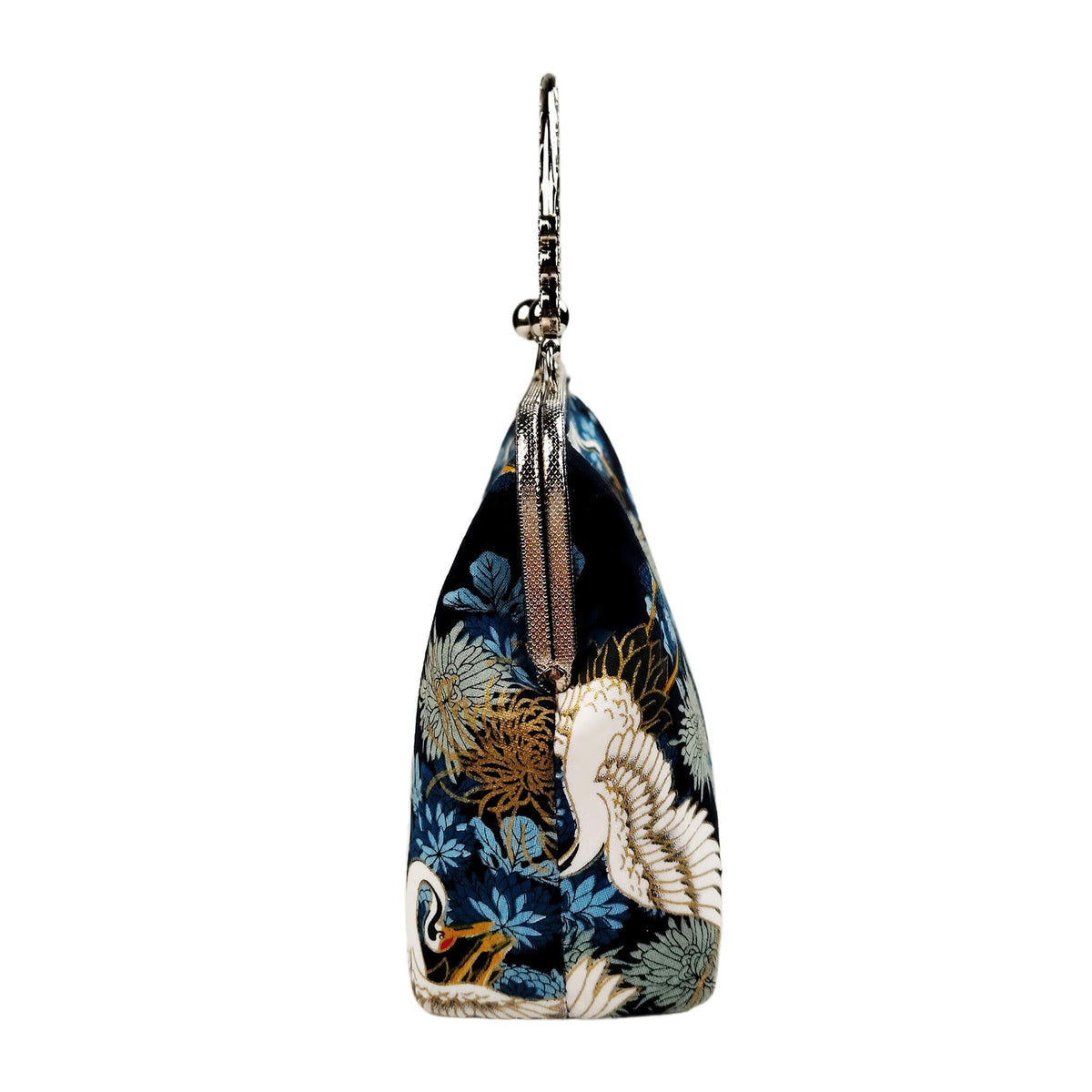 Side view of Acever A006 crane print top handle bag showing midnight navy polyester gusset with crane and chrysanthemum print silver tassel zipper side detail and structured silhouette