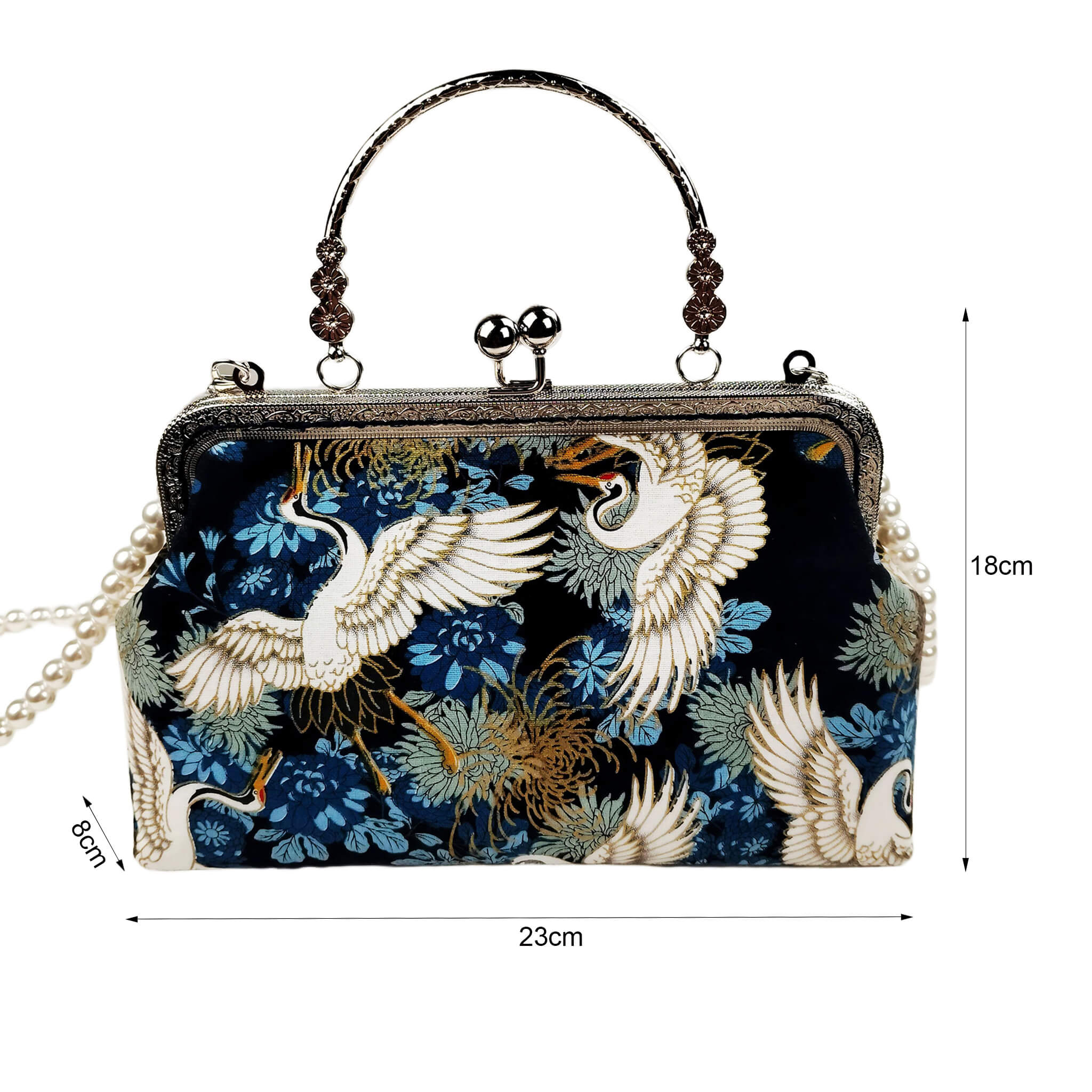 Size diagram of Acever A006 crane and chrysanthemum print top handle bag showing dimensions 23cm width 18cm height 8cm depth with front print view and silver top handle on white background