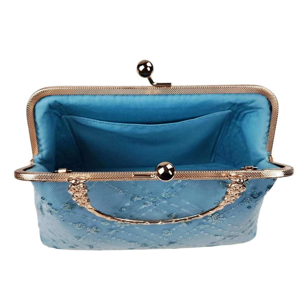 Interior view of Acever A007 blue sequin floral clutch bag open showing sky blue satin lining with single open compartment and interior divider pocket