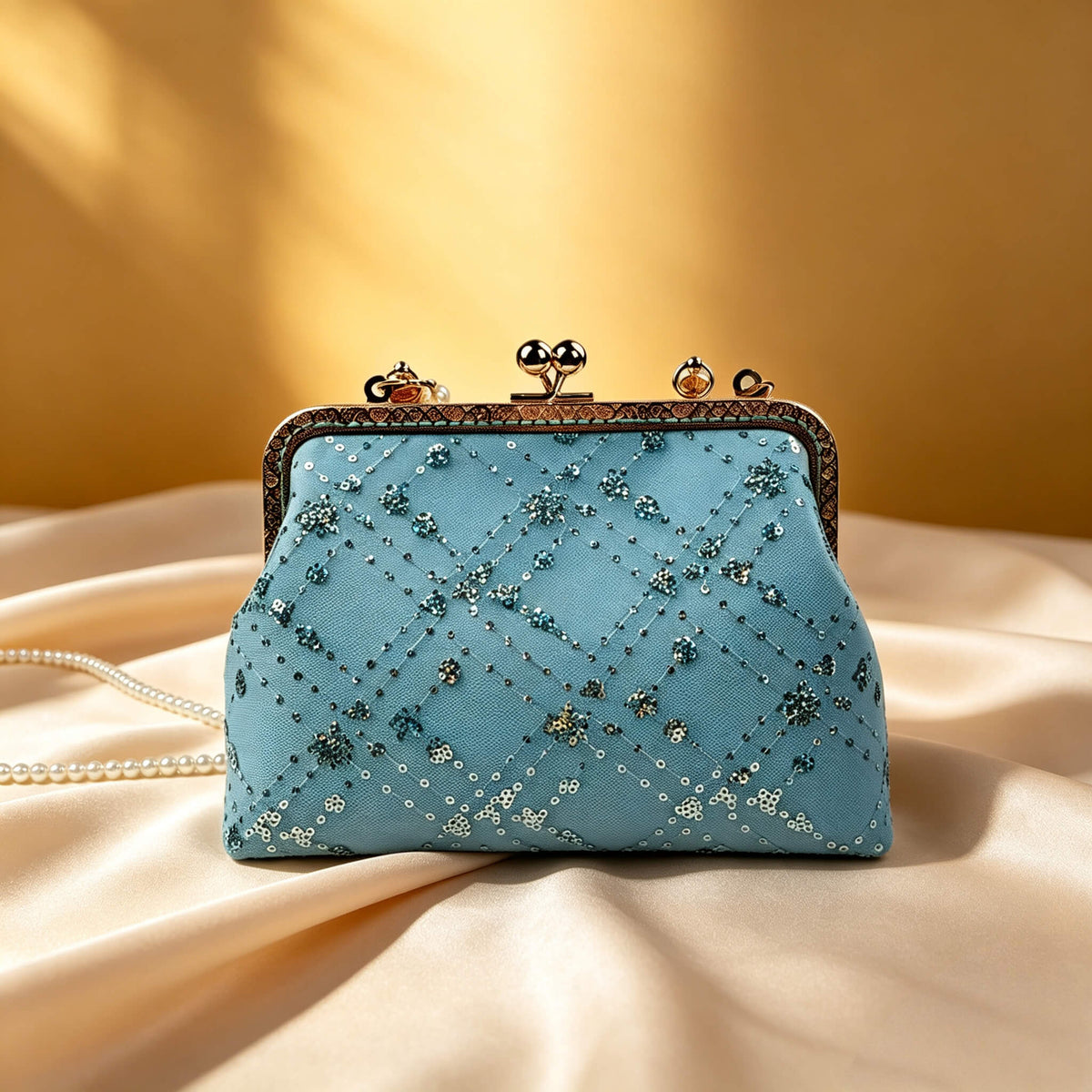 Acever A007 blue sequin floral clutch bag lifestyle shot on cream satin fabric in warm golden light showing front view with antique gold ornate filigree frame and iridescent teal sequin flower rosettes on sky blue quilted body