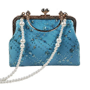 Acever A007 blue sequin floral quilted kiss-lock clutch bag main product shot showing sky blue polyester body with sheer tulle overlay iridescent teal sequin flower rosettes diamond quilting and antique gold ornate filigree frame with pearl bead strap on white background