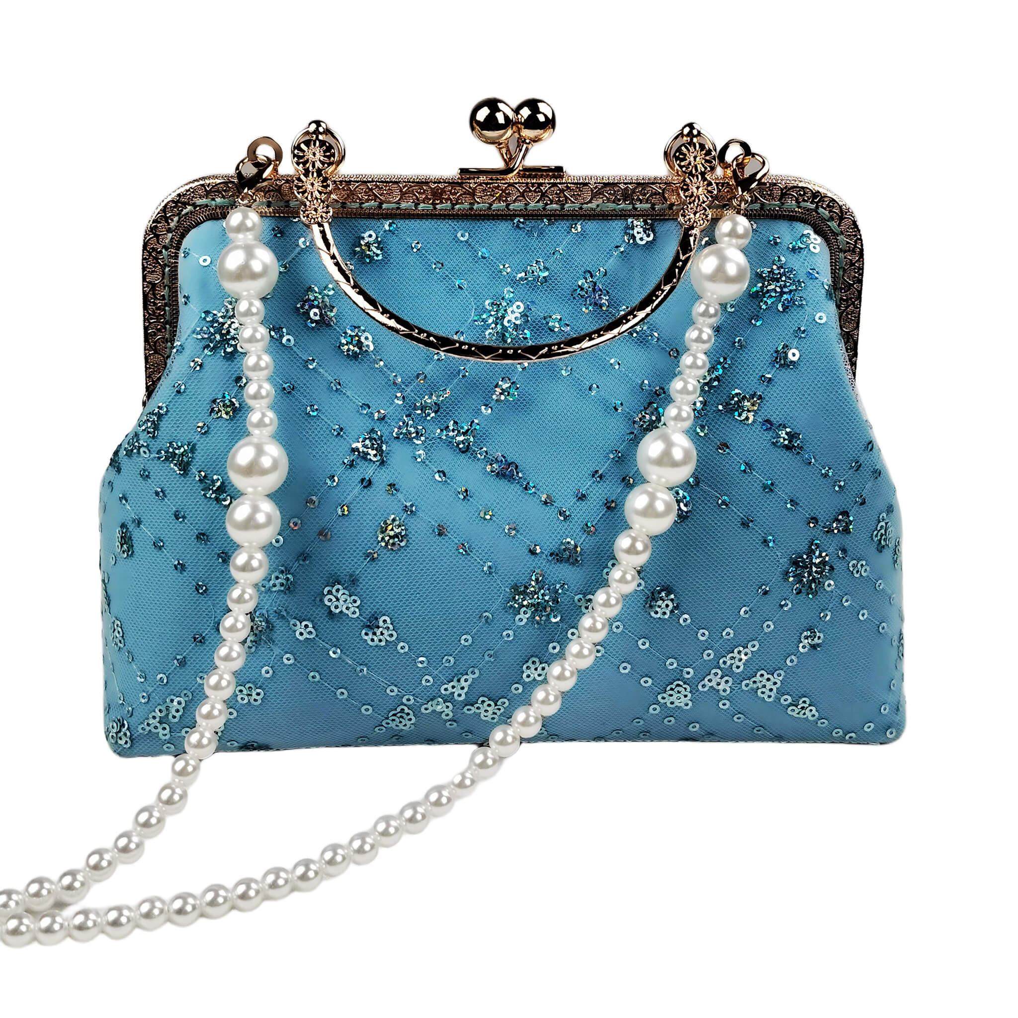 Acever A007 blue sequin floral quilted kiss-lock clutch bag main product shot showing sky blue polyester body with sheer tulle overlay iridescent teal sequin flower rosettes diamond quilting and antique gold ornate filigree frame with pearl bead strap on white background
