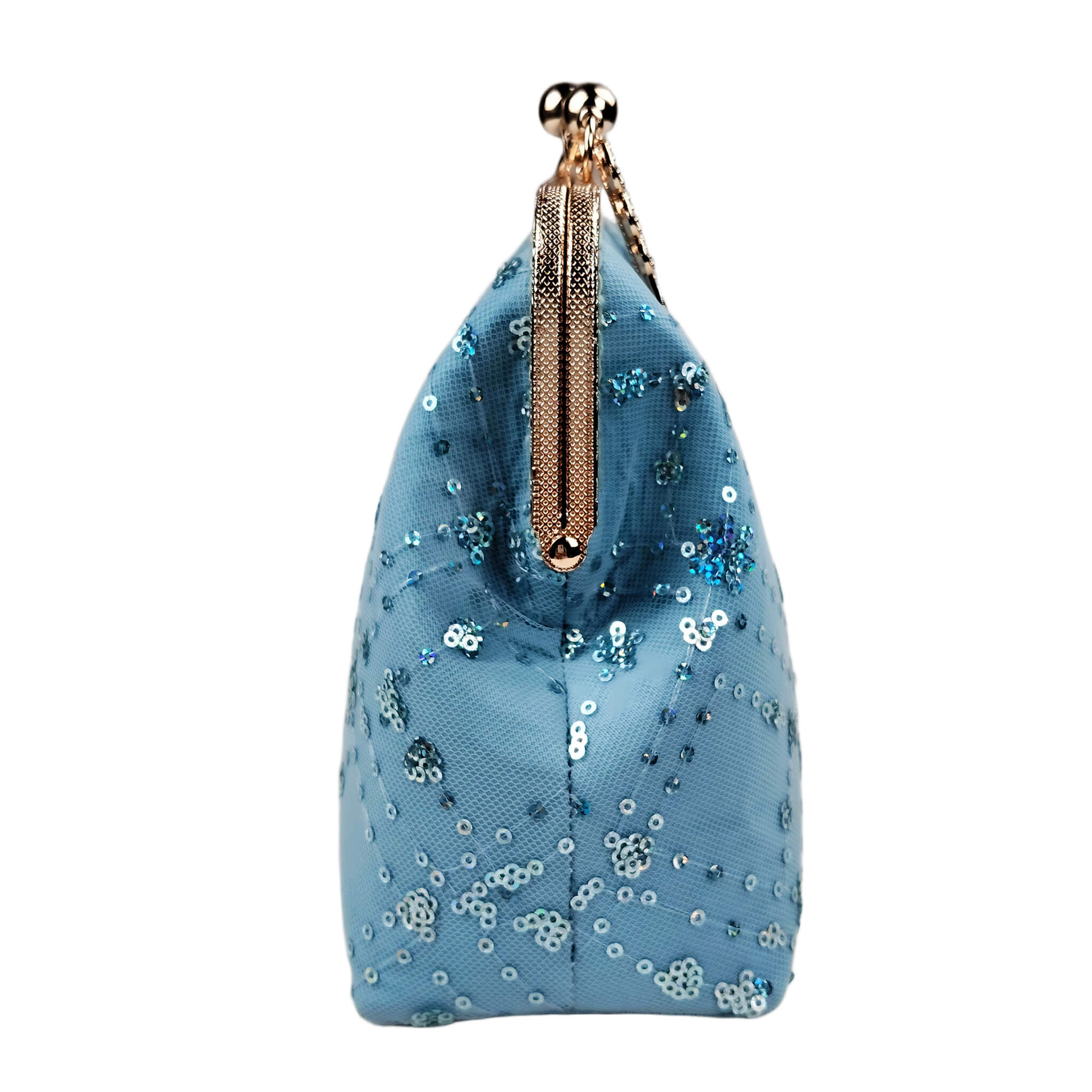 Side view of Acever A007 blue sequin floral quilted clutch bag showing sky blue polyester gusset with sheer tulle overlay iridescent sequin flower clusters and antique gold textured frame edge
