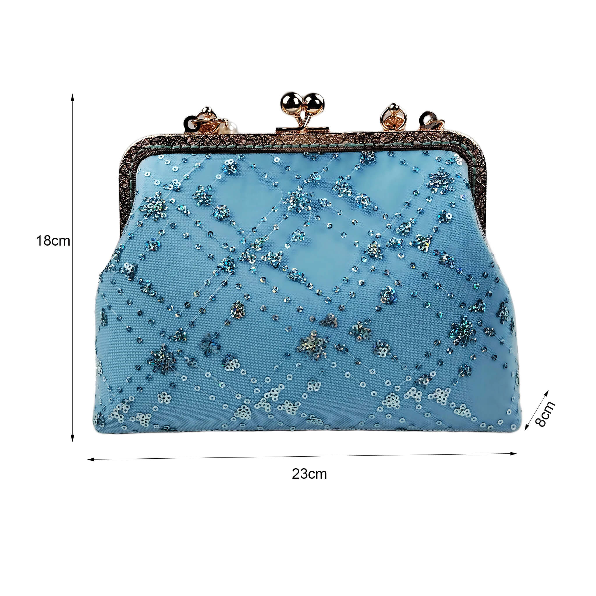 Size diagram of Acever A007 blue sequin floral quilted clutch bag showing dimensions 23cm width 18cm height 8cm depth with front sequin quilted view and antique gold frame on white background