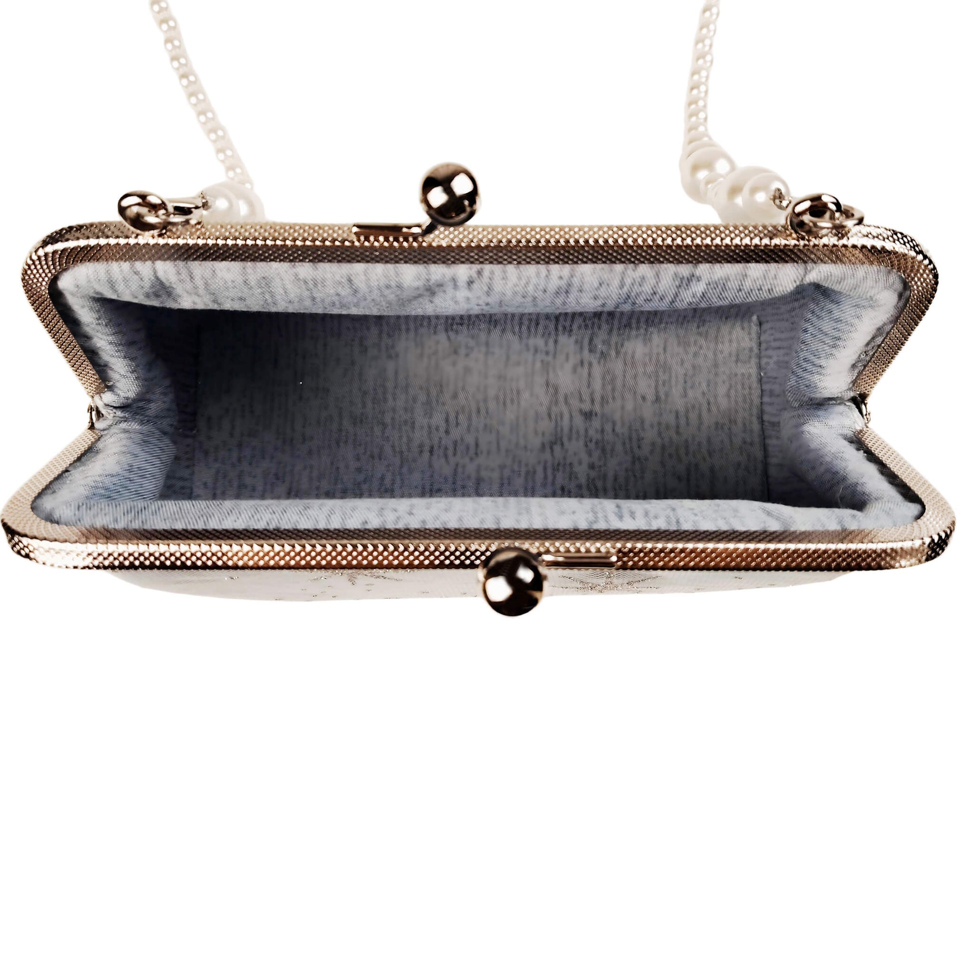 Interior view of Acever B001 snowflake clutch bag open showing pale blue grey satin lining with single open compartment