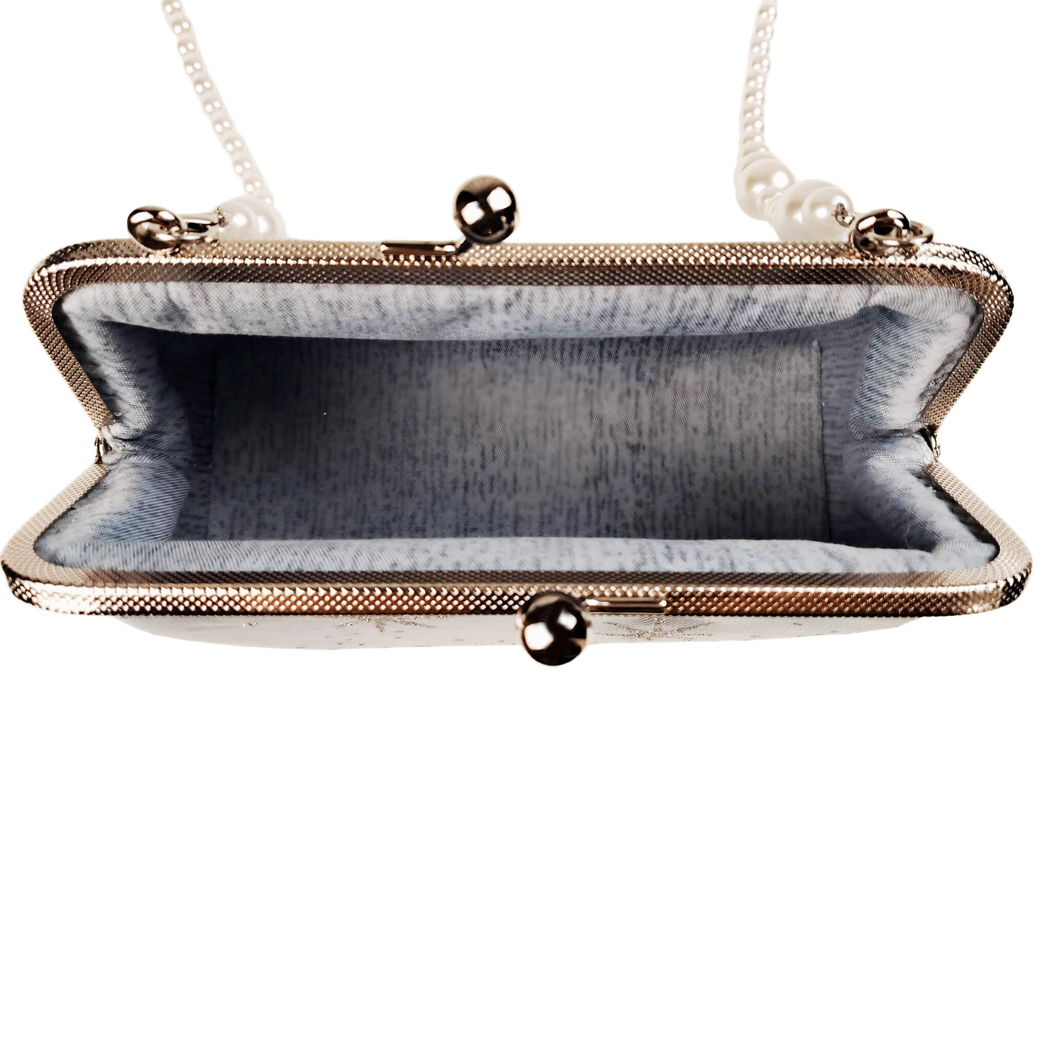Interior view of Acever B001 snowflake clutch bag open showing pale blue grey satin lining with single open compartment