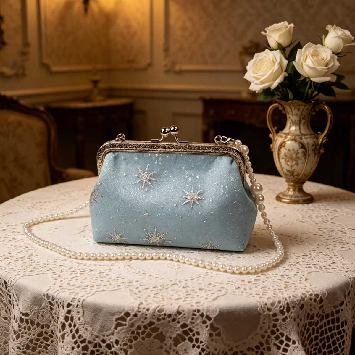 Acever B001 snowflake clutch bag lifestyle shot on white lace tablecloth in warm candlelit room beside white roses in gold vase showing full front view with silver kiss-lock frame and pearl bead strap