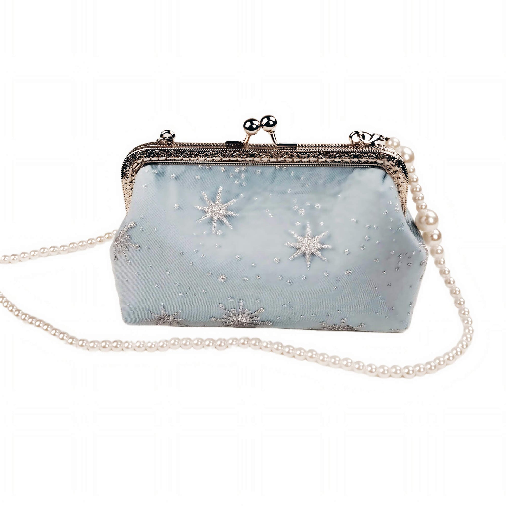 Acever B001 snowflake embroidered kiss-lock clutch bag main product shot showing ice blue polyester body with sheer tulle overlay silver glitter snowflakes and silver ornate filigree frame with large pearl bead crossbody strap on white background