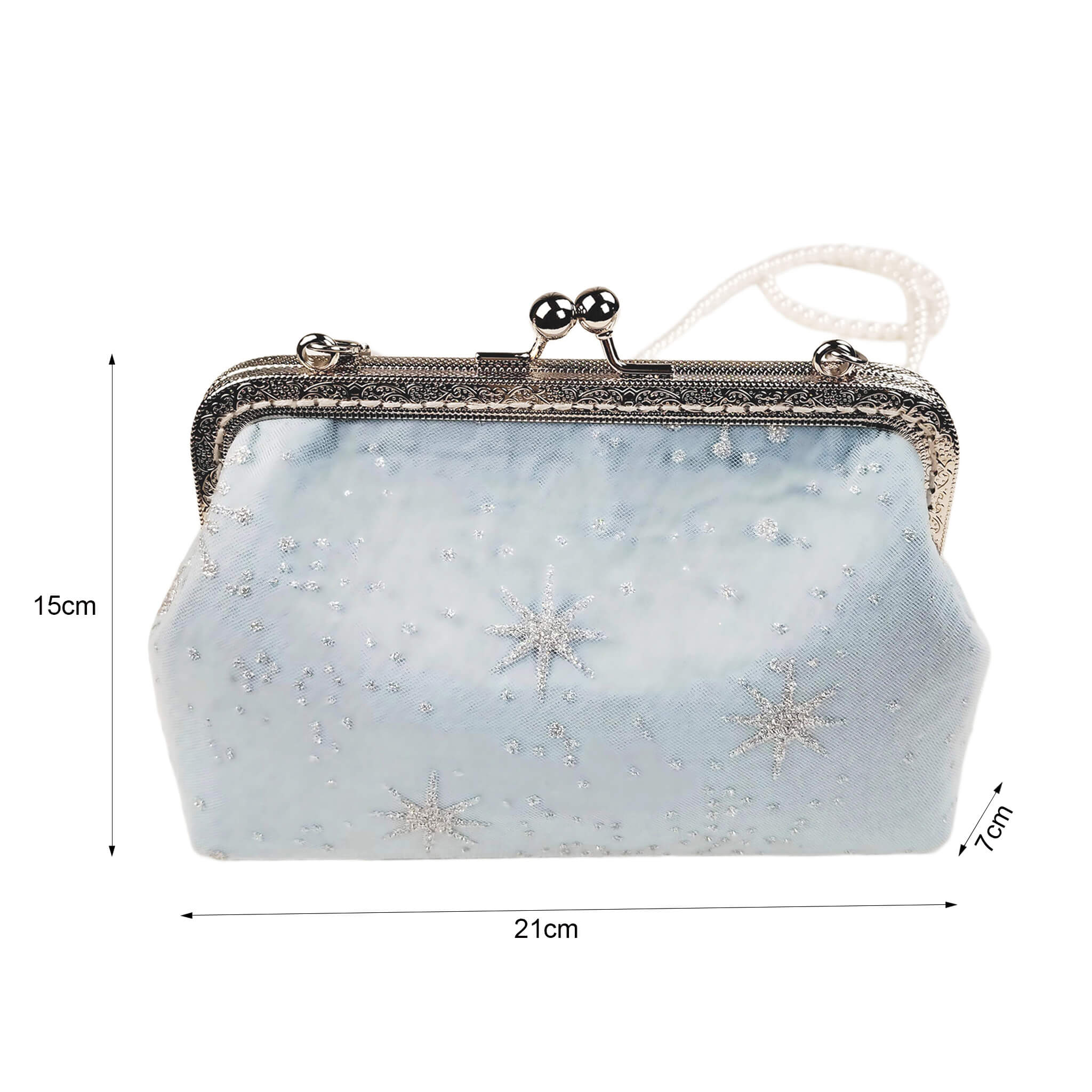Size diagram of Acever B001 snowflake embroidered clutch bag showing dimensions 21cm width 15cm height 7cm depth with front snowflake view and silver ornate filigree frame on white background