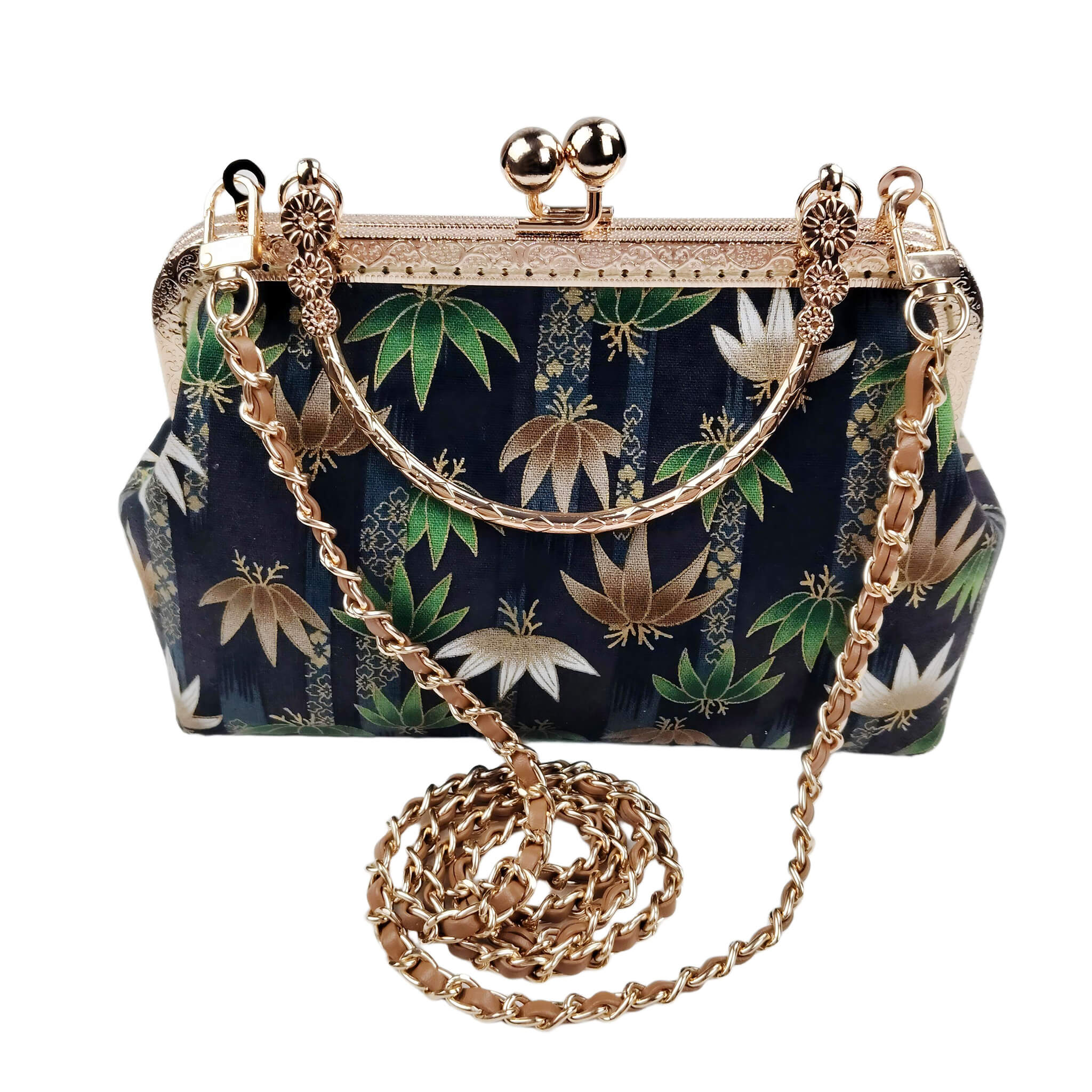Acever B002 lotus and leaf jacquard kiss-lock top handle bag main product shot showing midnight navy jacquard body with white and gold lotus flowers green palm leaves metallic thread and rose gold ornate filigree frame with chain crossbody strap on white background