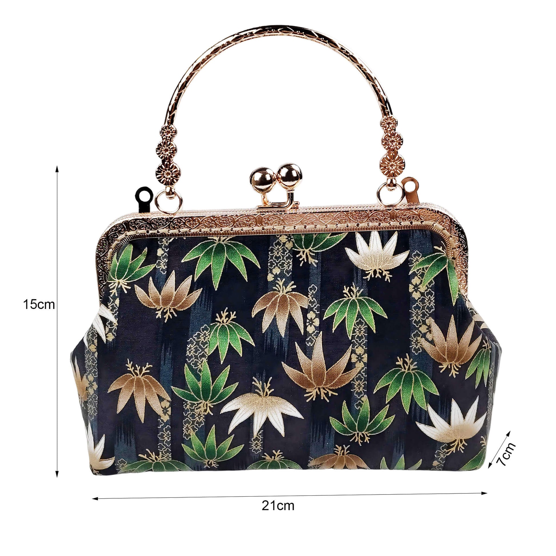 Size diagram of Acever B002 lotus and leaf jacquard top handle bag showing dimensions 21cm width 15cm height 7cm depth with front jacquard print view and rose gold top handle on white background