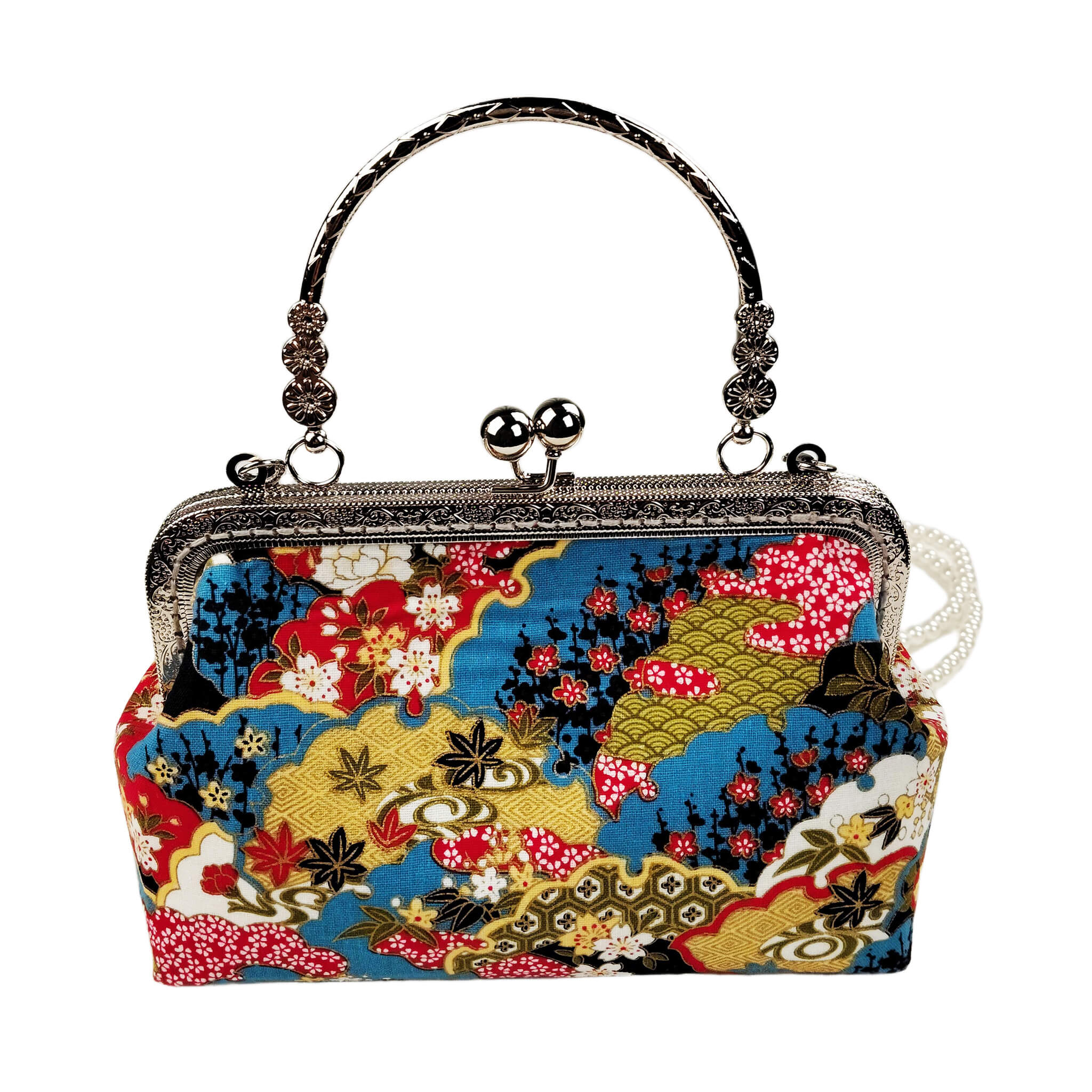 Acever B003 Japanese Nishiki brocade kiss-lock top handle bag main product shot showing black base with vivid teal blue golden yellow red cherry blossom maple leaf cloud motifs antique silver ornate filigree frame and pearl bead crossbody strap on white background