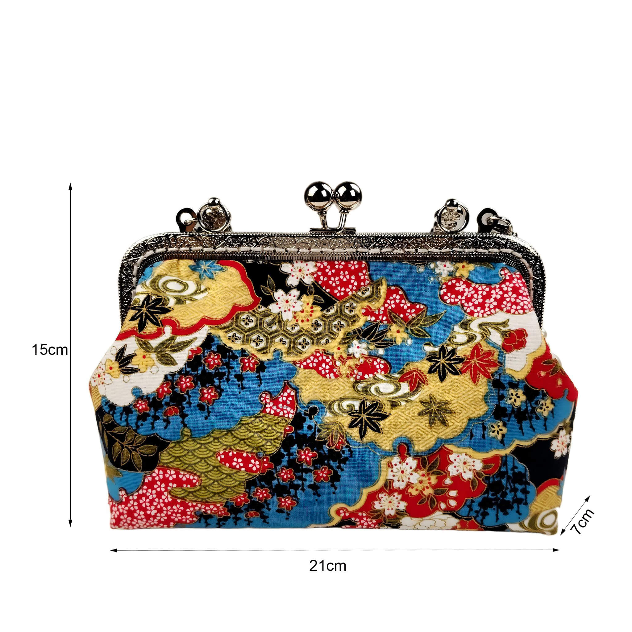 Size diagram of Acever B003 Japanese Nishiki brocade top handle bag showing dimensions 21cm width 15cm height 7cm depth with front brocade print view and antique silver kiss-lock frame on white background