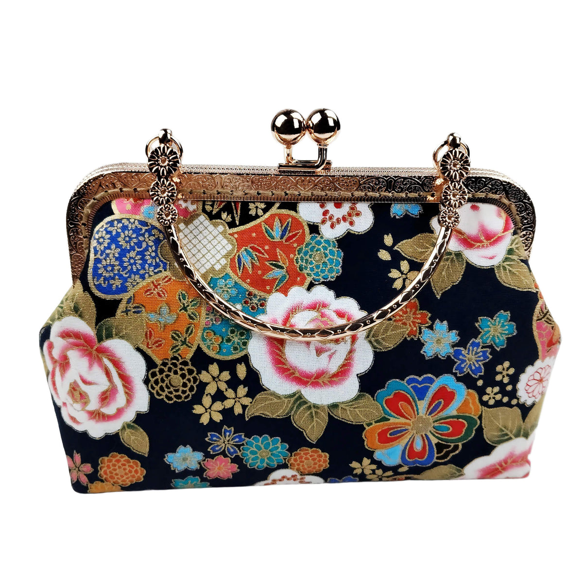 Back view of Acever B004 Japanese Kinsai floral top handle bag showing midnight navy brocade fabric with all-over white pink peony origami crane and scattered blossom print
