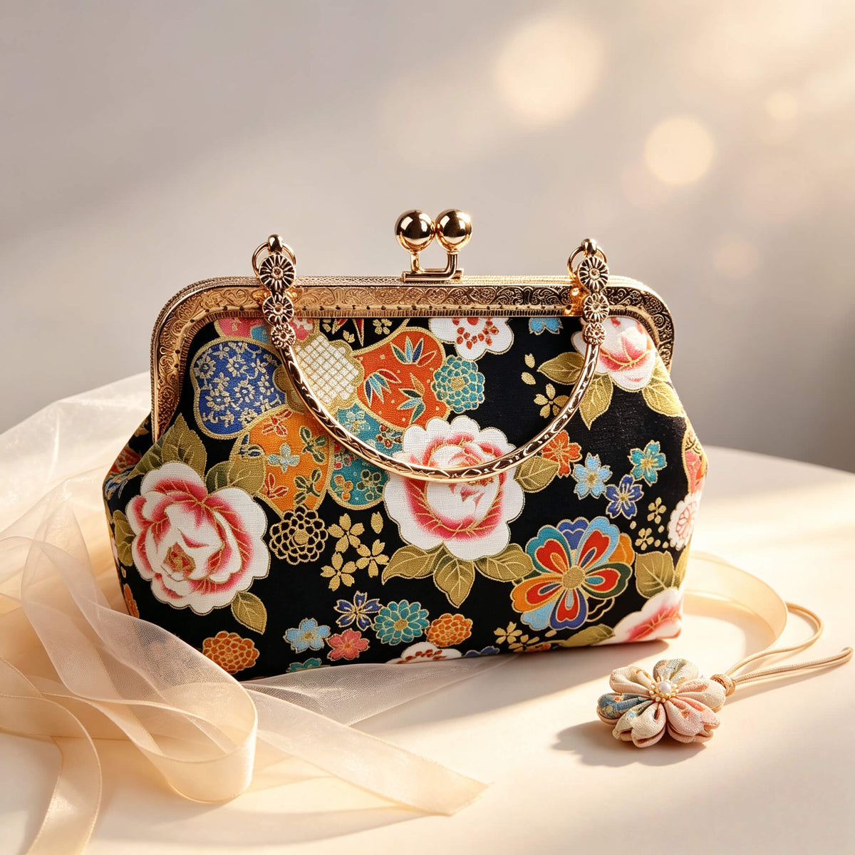 Acever B004 Japanese Kinsai floral top handle bag lifestyle shot on cream satin fabric in warm golden bokeh light showing full front view with antique gold kiss-lock frame amber crystal clasp accents decorative top handle and rope chain crossbody strap