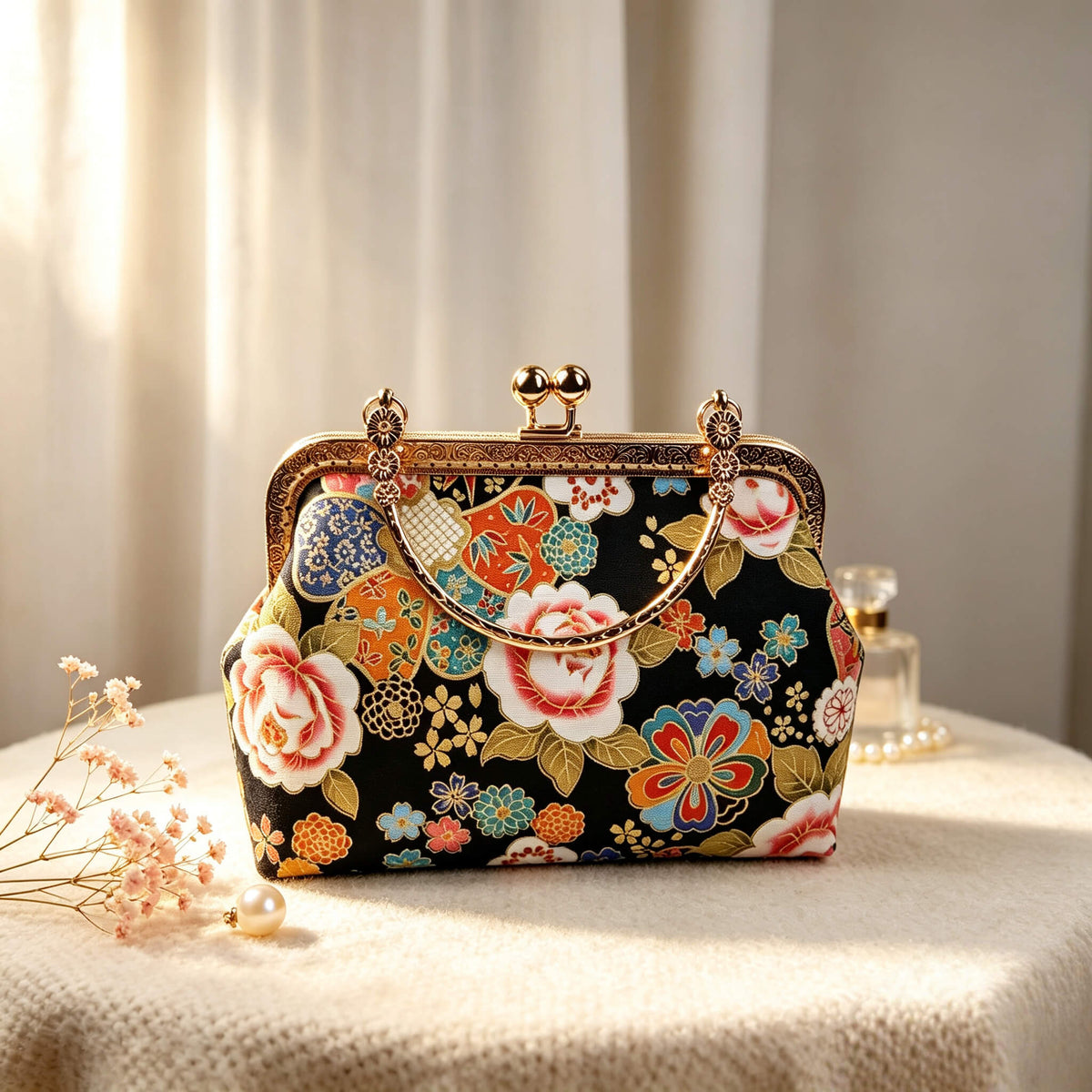Acever B004 Japanese Kinsai floral top handle bag lifestyle shot on cream textured surface beside pink baby's breath flowers and pearl necklace in soft morning light showing front view with antique gold kiss-lock frame and decorative top handle