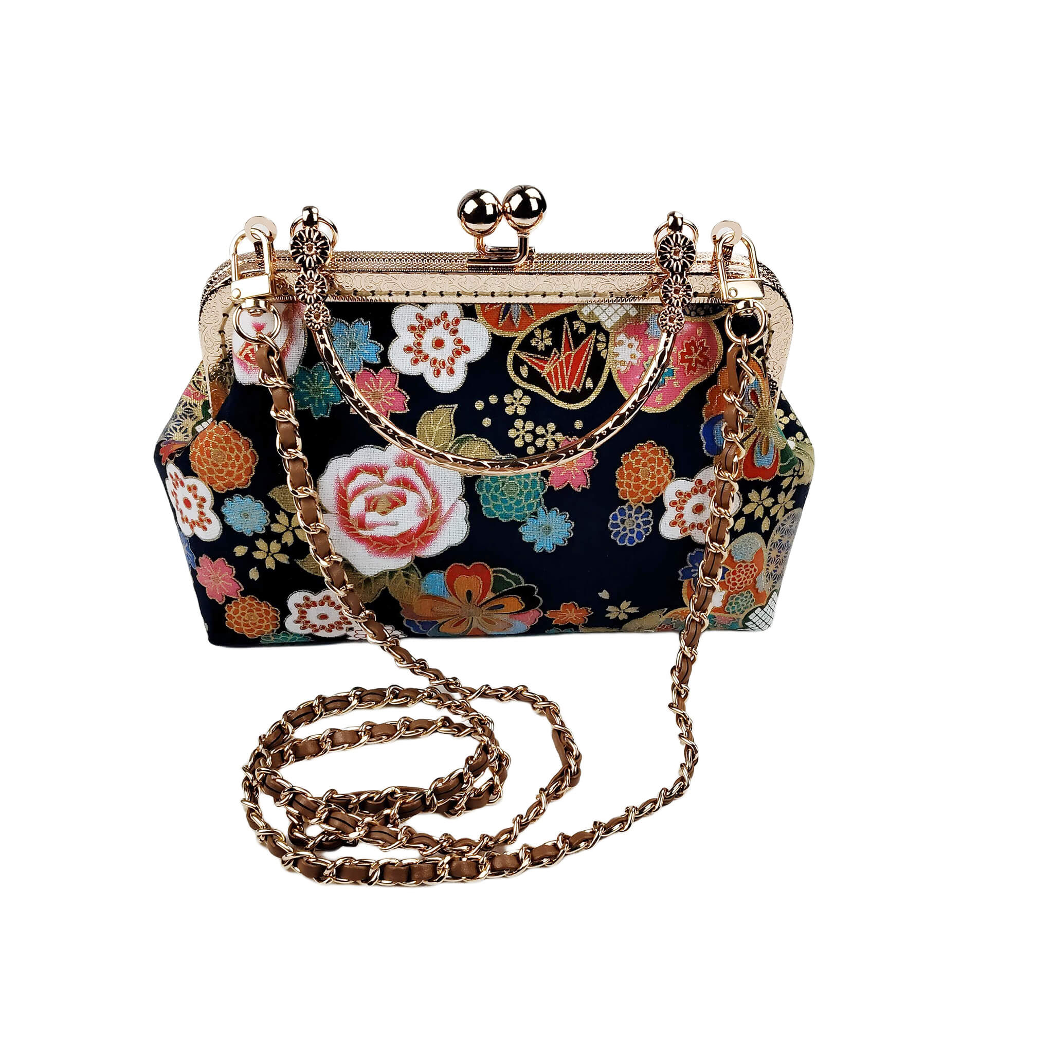 Acever B004 Japanese Kinsai floral kiss-lock top handle bag main product shot showing midnight navy base with large white pink peonies origami cranes teal orange blossoms gold chrysanthemums metallic thread and antique gold ornate filigree frame with rope chain crossbody strap on white background