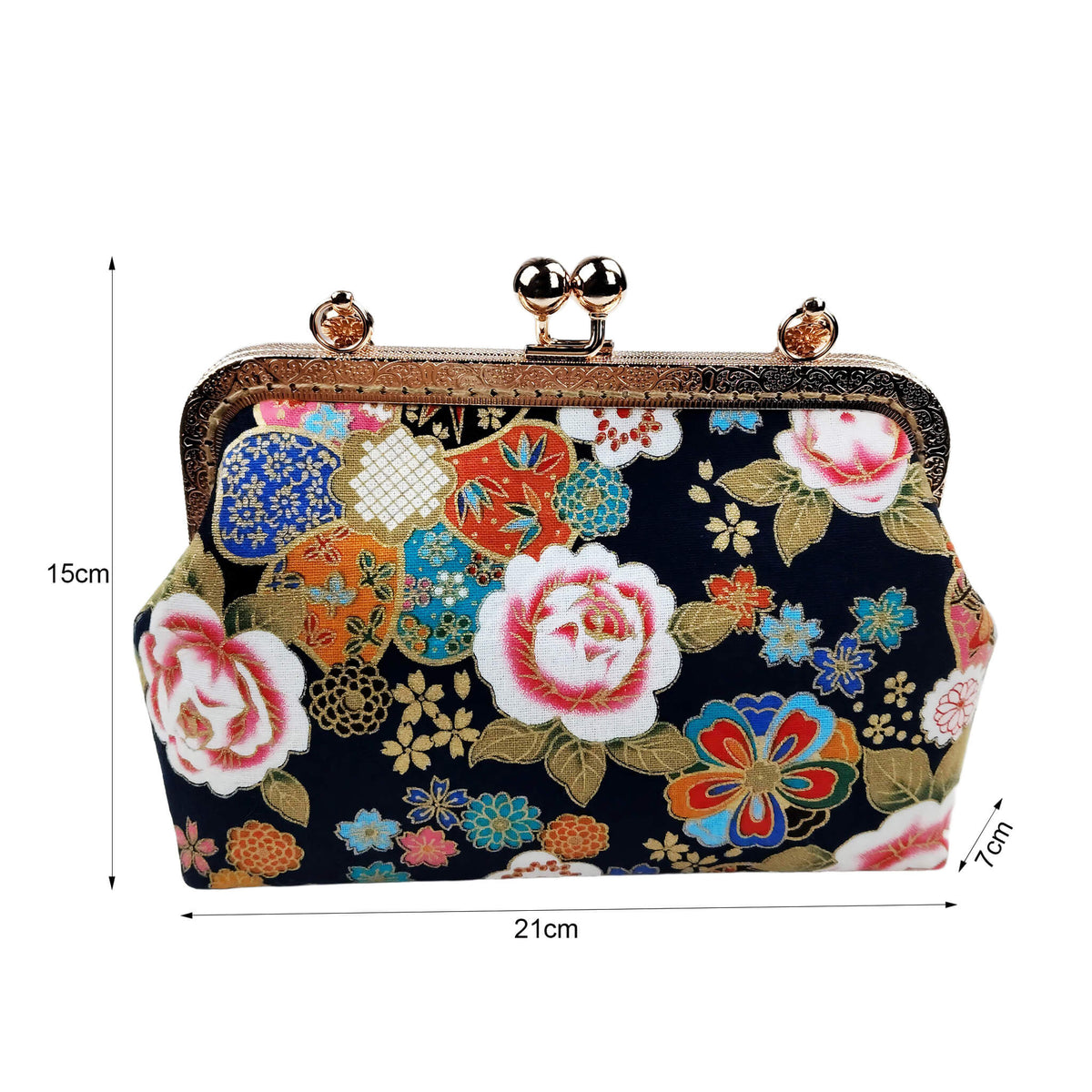 Size diagram of Acever B004 Japanese Kinsai floral top handle bag showing dimensions 21cm width 15cm height 7cm depth with front floral brocade view and antique gold kiss-lock frame with amber crystal bead accents on white background