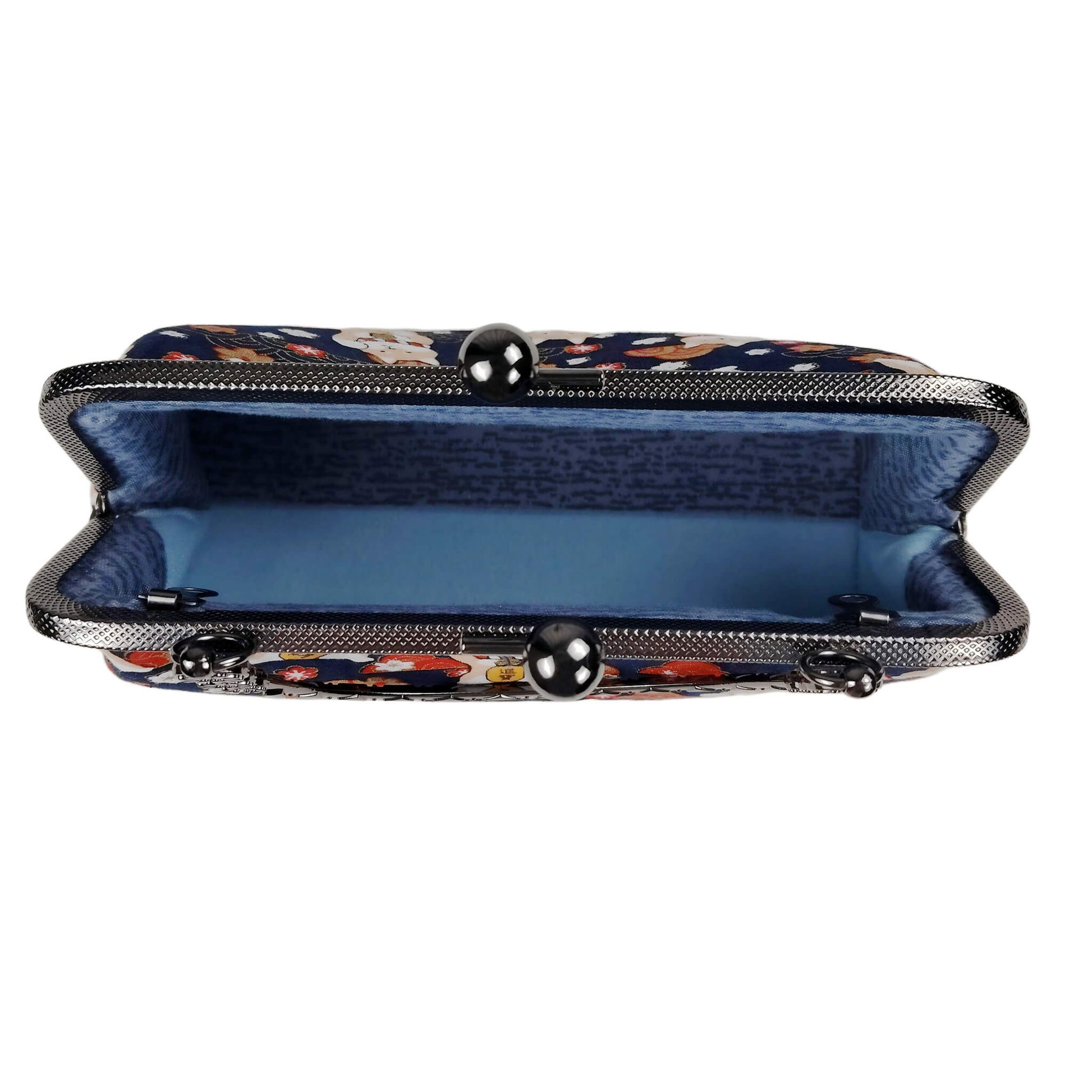 Interior view of Acever B005 Lucky Shiba Inu bag open showing sky blue smooth satin lining with single open compartment and gunmetal frame edge with twin ball clasp