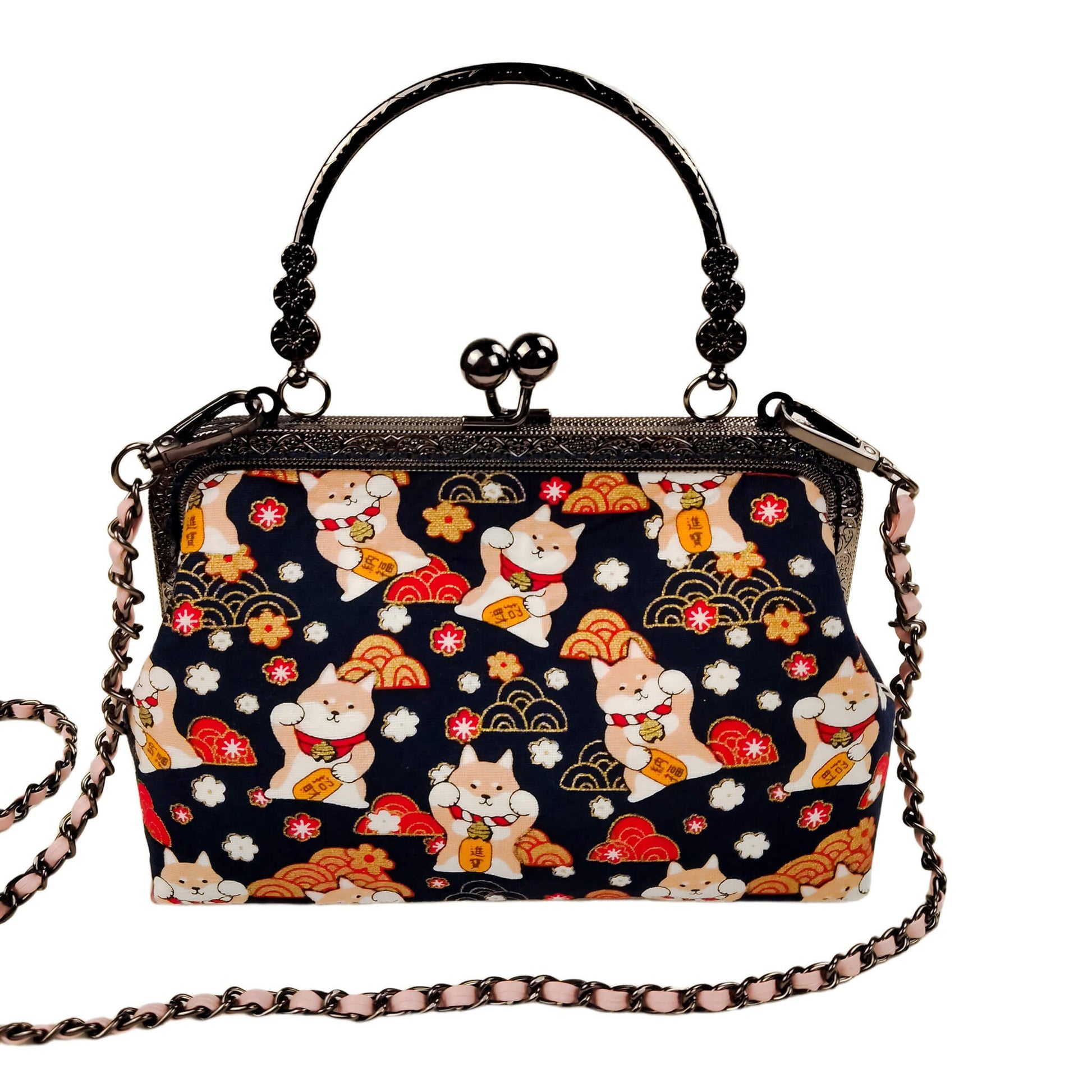 Acever B005 Lucky Shiba Inu kiss-lock top handle bag main product shot showing midnight navy base with cream tan Shiba Inu dogs in lucky pose gold coin pouches red auspicious clouds golden wave fans cherry blossoms and gunmetal ornate filigree frame with blush pink woven chain crossbody strap on white background