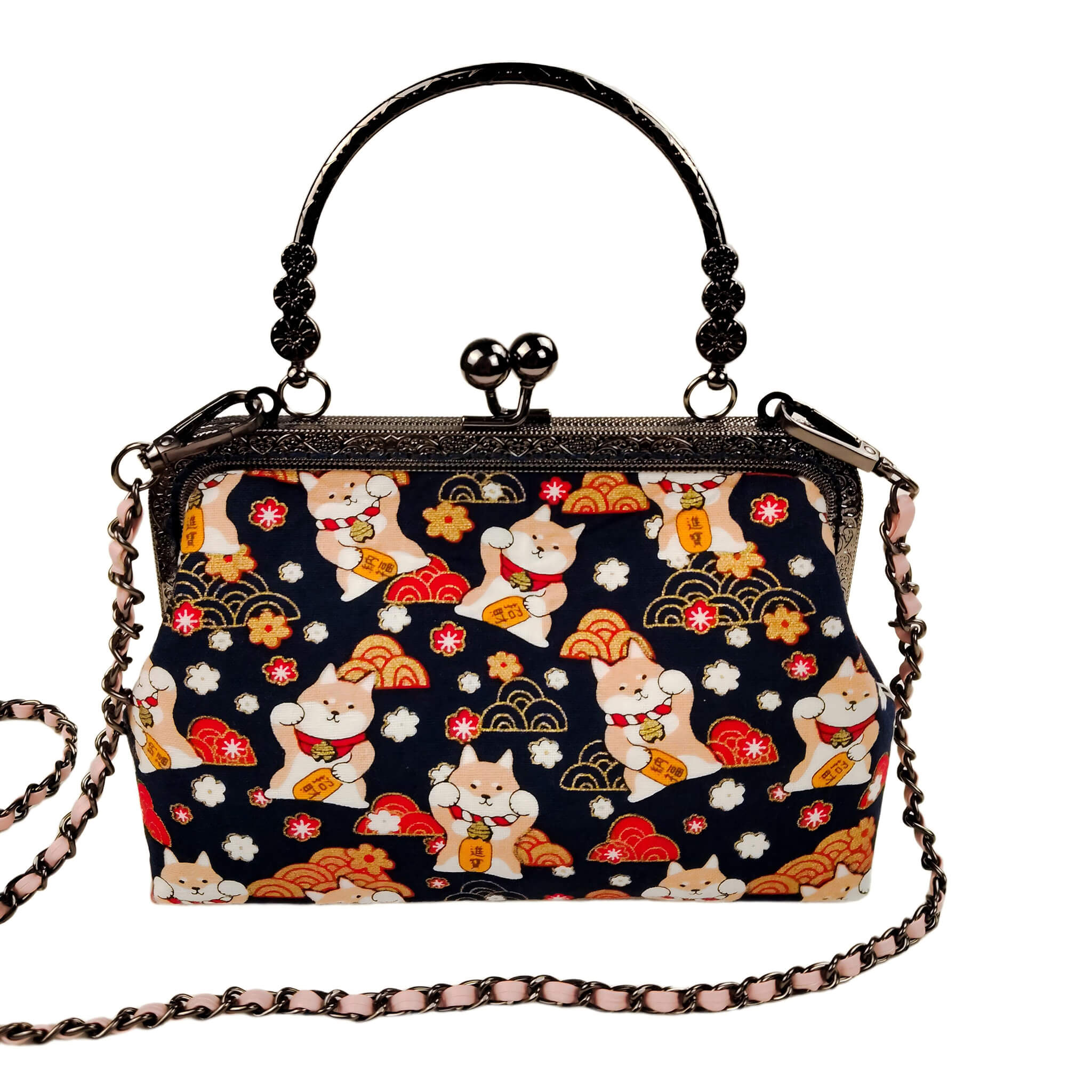 Acever B005 Lucky Shiba Inu kiss-lock top handle bag main product shot showing midnight navy base with cream tan Shiba Inu dogs in lucky pose gold coin pouches red auspicious clouds golden wave fans cherry blossoms and gunmetal ornate filigree frame with blush pink woven chain crossbody strap on white background
